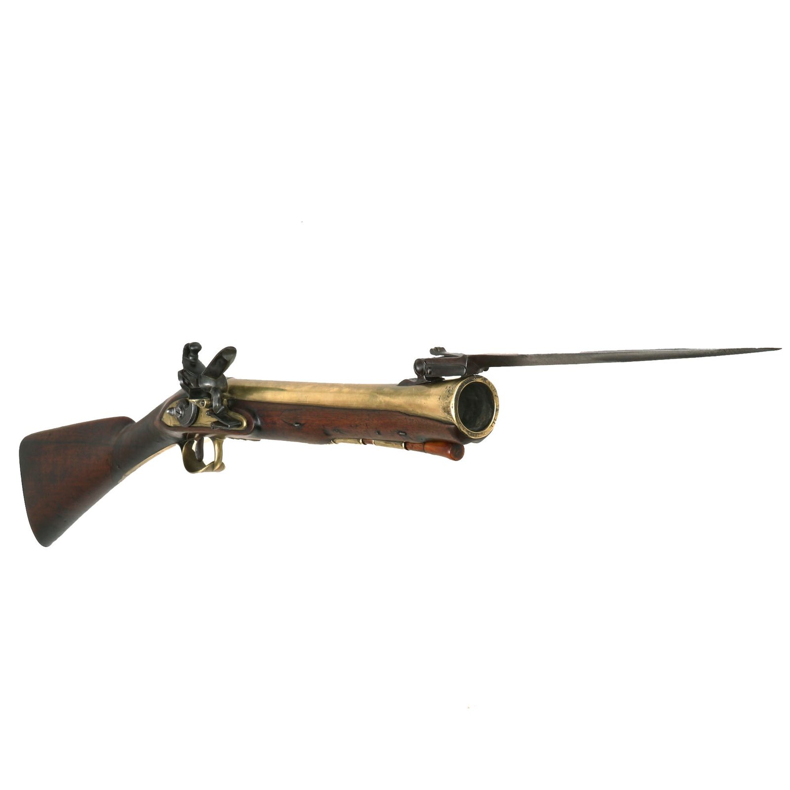 Buy Original British Brass Barrel Flintlock Coaching Blunderbuss - HAPPY IS HE THAT ESCAPETH ME - by William Stanton II of London with Spring Loaded Bayonet - Circa 1790 | Original Firearms Antique For Sale