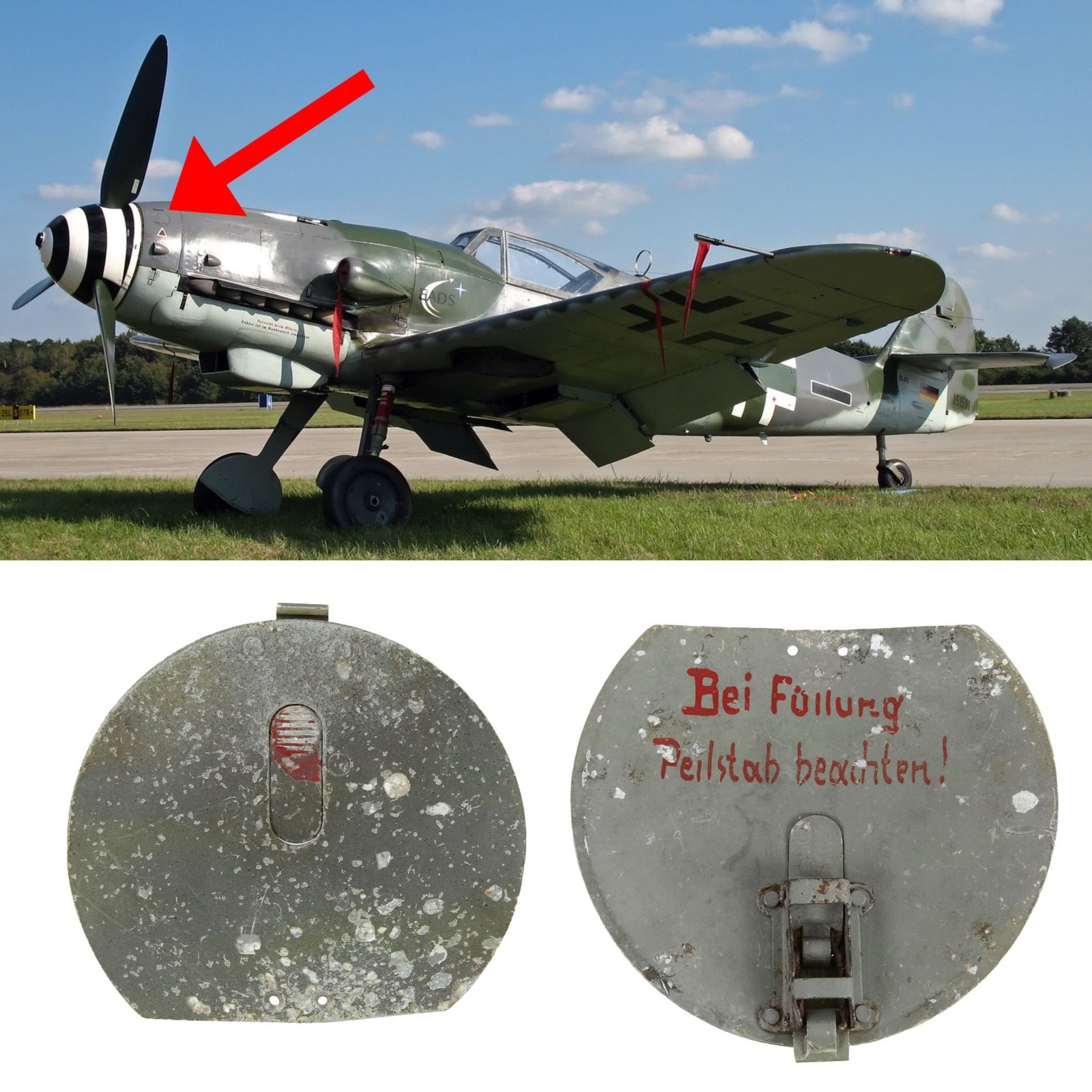 Buy Original German WWII Messerschmitt BF-109 ME-109 Inspection Cover with Painted Warning & Button Latch - Recovered in Ukraine | Original Firearms Antique For Sale