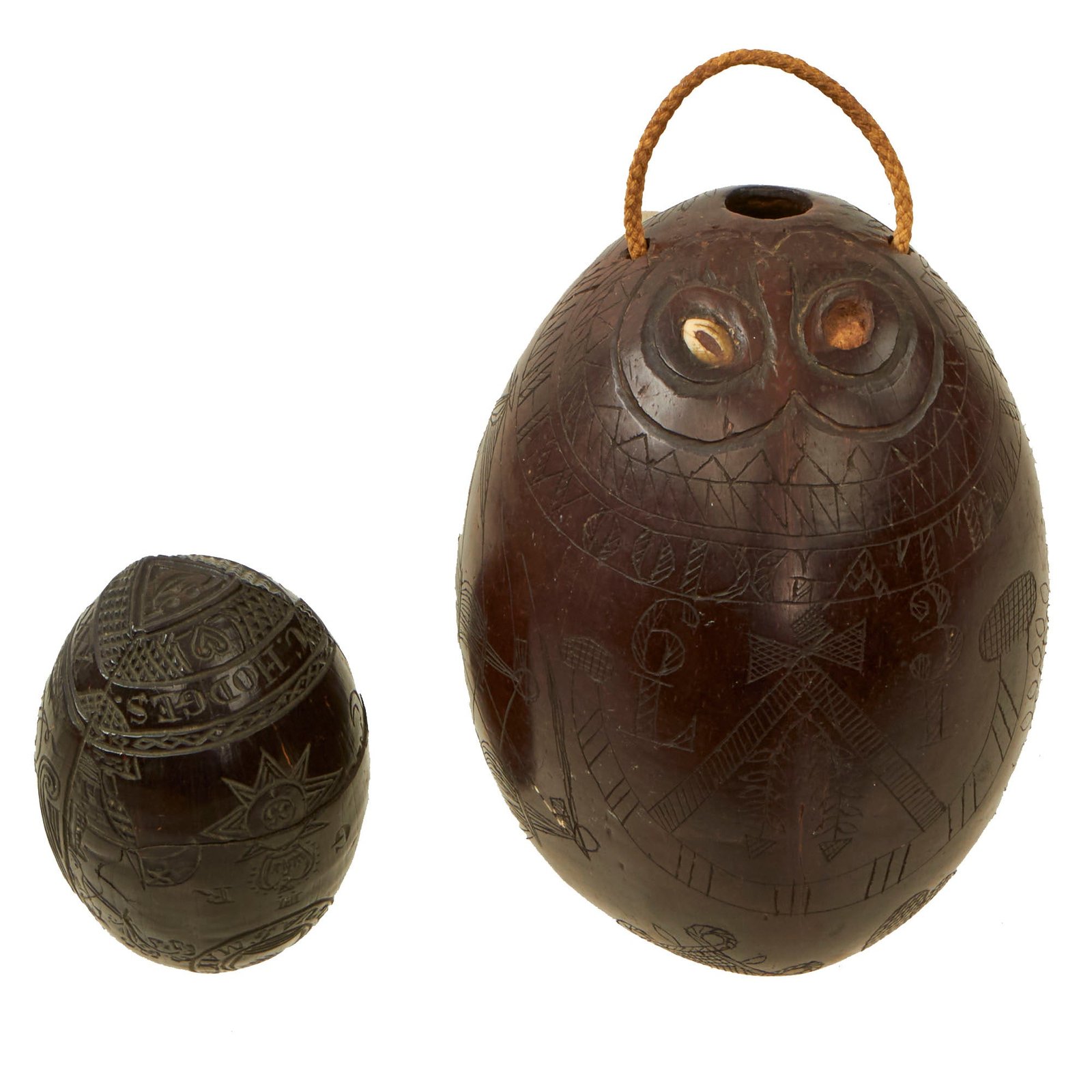 Buy Original British Napoleonic Era Pair of Named & Carved Coconut ‘Bugbears’ of the 35th & 63rd Regiments of Foot - Henry Woodgett & C. Hodges | Original Firearms Antique For Sale