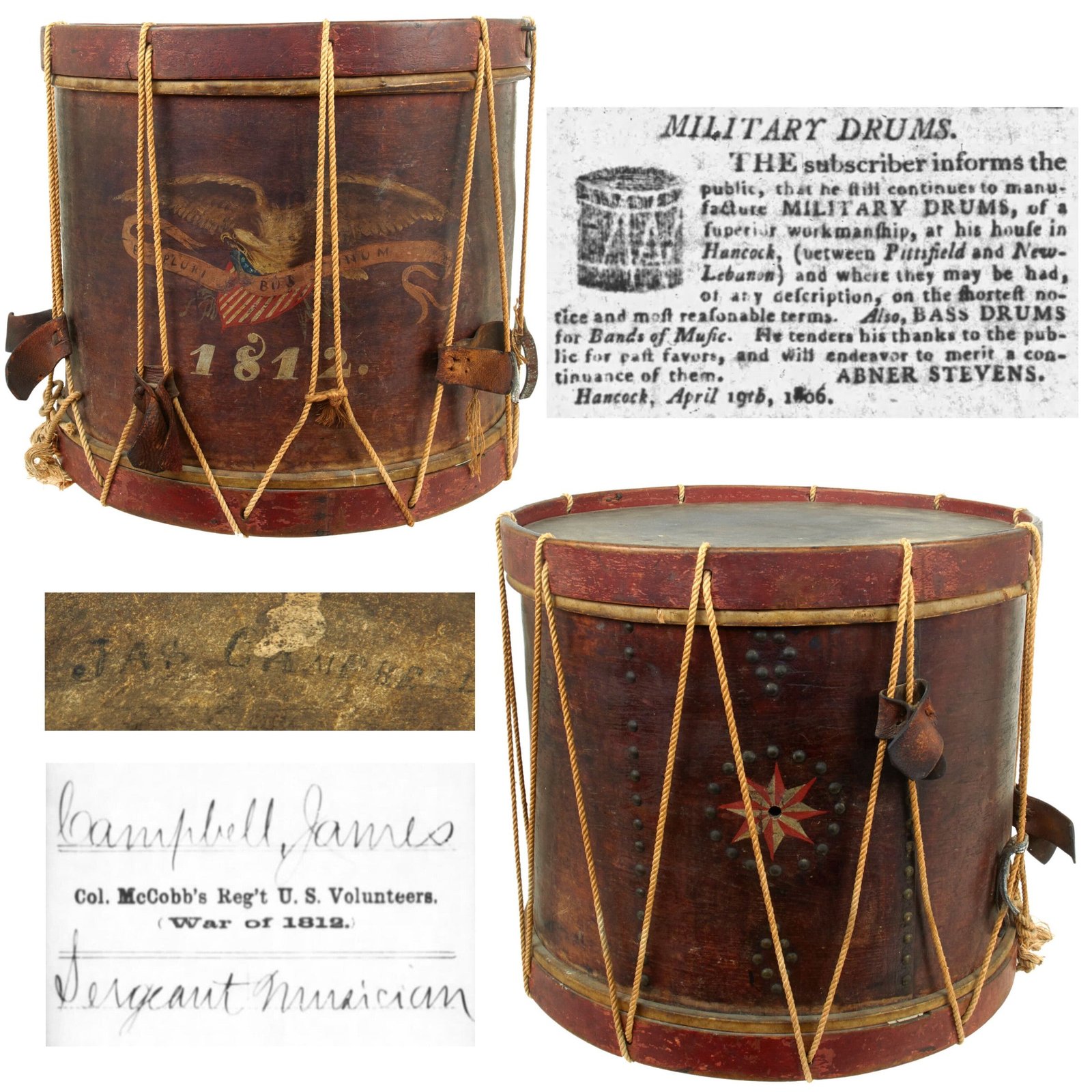 Buy Original U.S. War of 1812 Named & Painted Military Field Drum by Abner Stevens of Pittsfield, Massachusetts with Partial Maker’s Label on Interior - Dated 1812 | Original Firearms Antique For Sale
