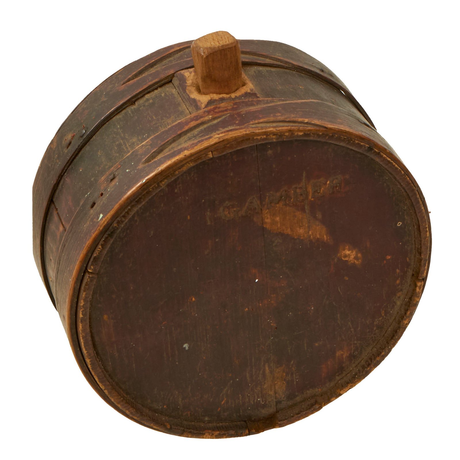 Buy Original U.S. Revolutionary War & War of 1812 Era Wooden Stave Construction Contract Canteen by I. Gamber with Soldier’s Initials | Original Firearms Antique For Sale
