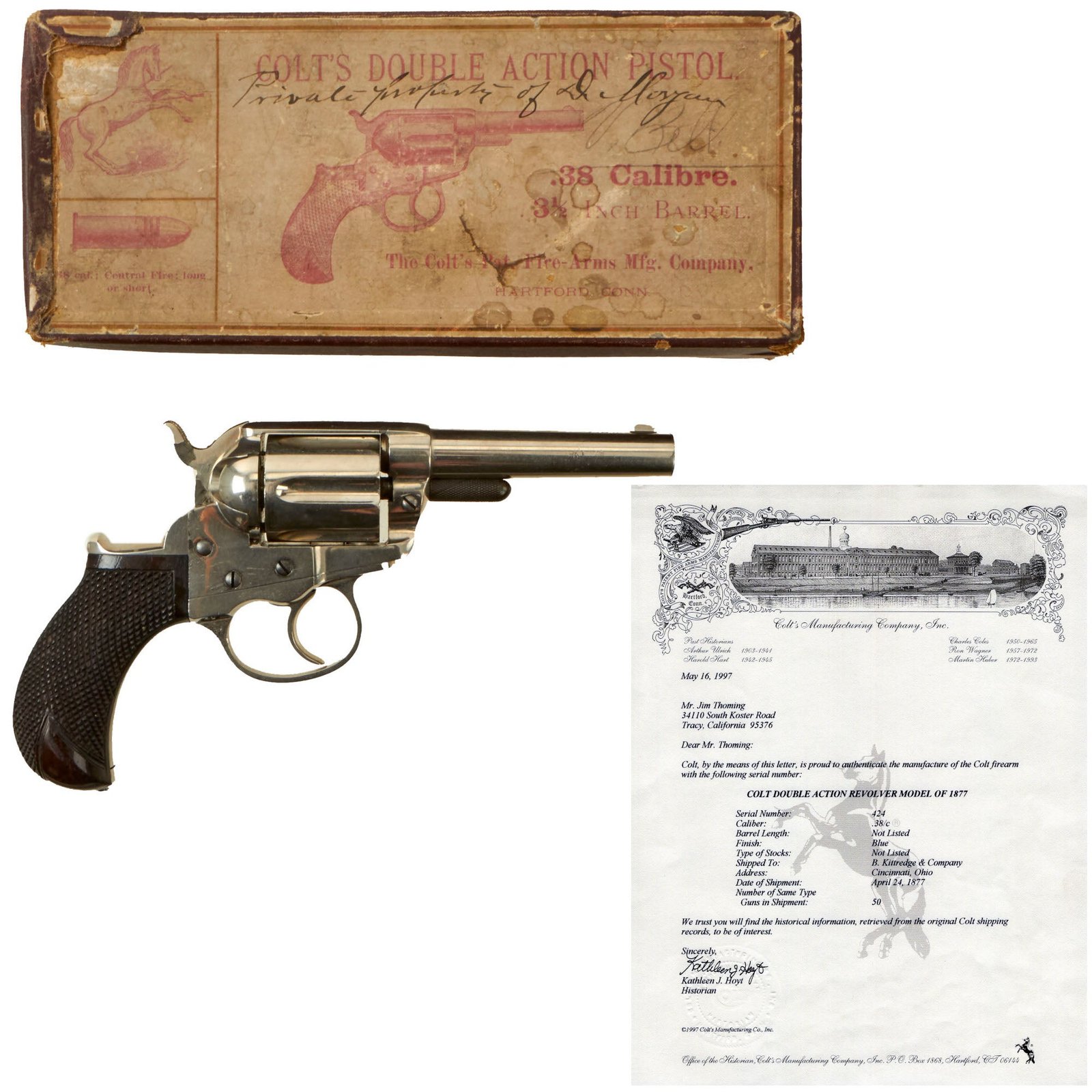 Buy Original Early U.S. B. Kittredge & Co. Marked Colt M1877 .38cal Lightning 3 ½" Bbl. Revolver Made in 1877 with Factory Letter and Original Box - Serial 424 | Original Firearms Antique For Sale