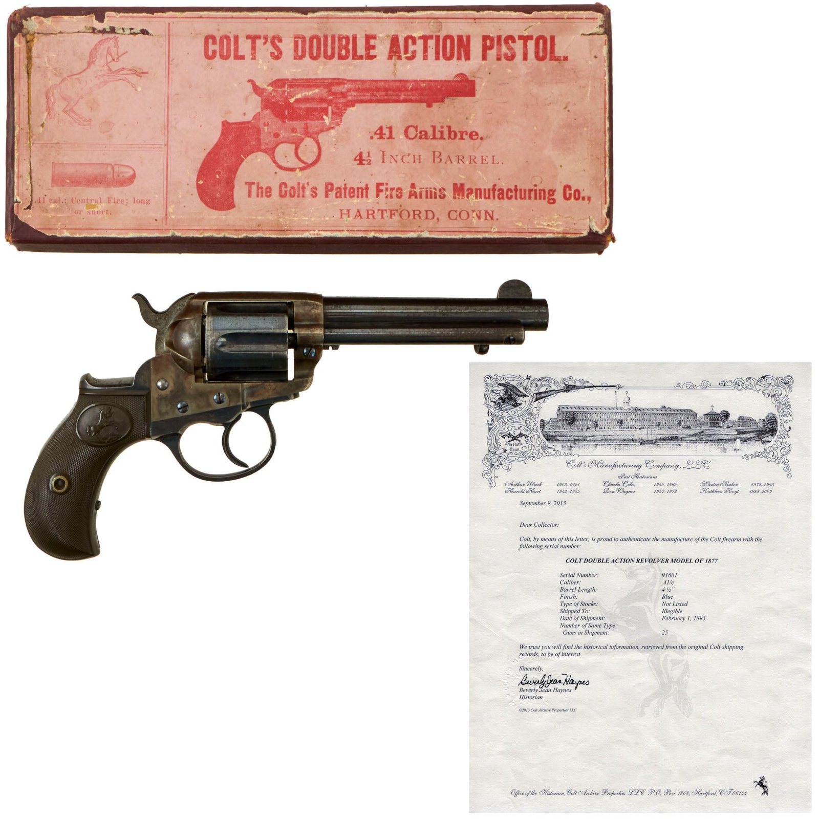 Buy Original U.S. Colt M1877 .41cal Thunderer 4 ½" Barrel Revolver Made in 1893 with Factory Letter and Original Box - Serial 91601 | Original Firearms Antique For Sale