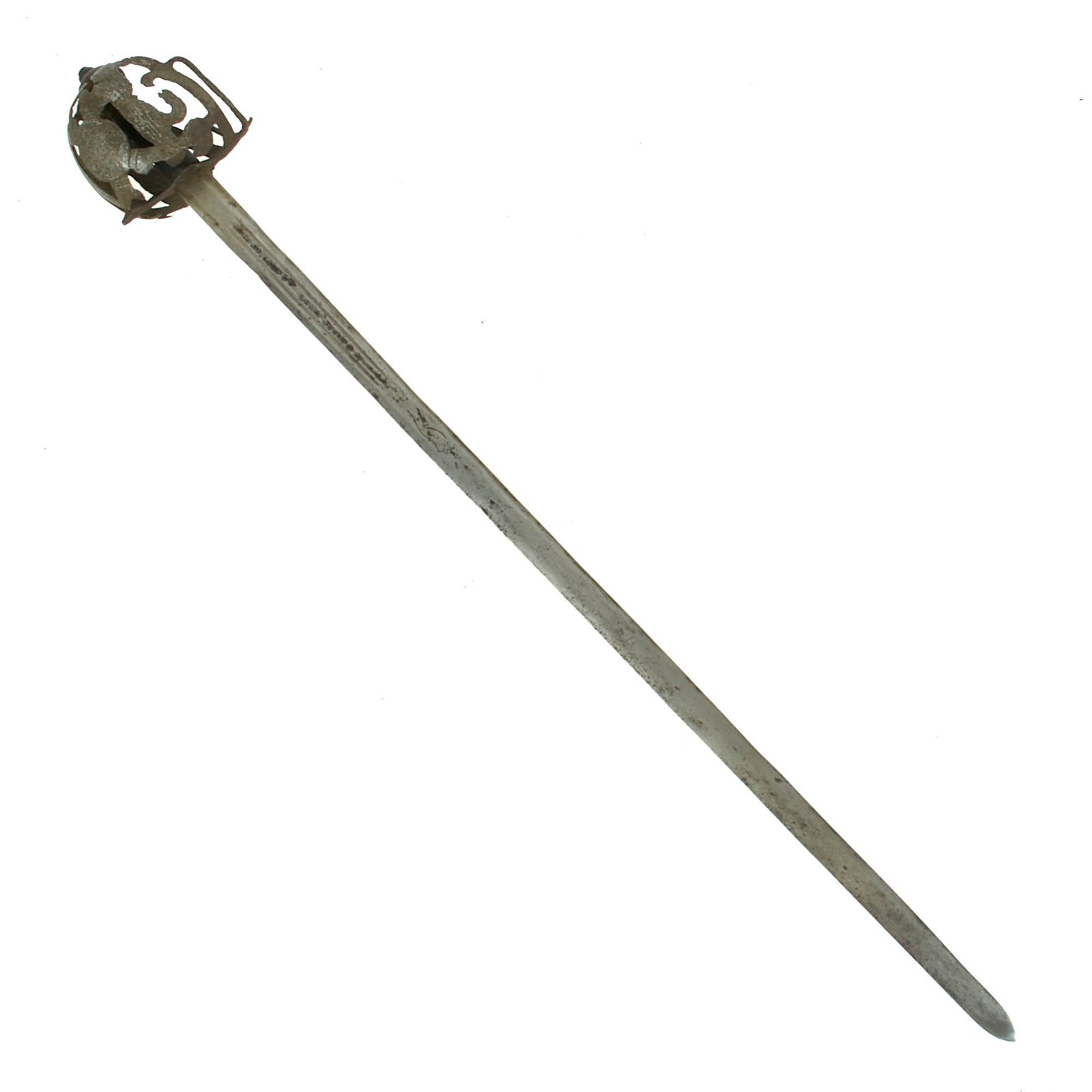 Buy Original 17th Century Scottish 1715 Jacobite Rebellion Basket Hilt Broadsword Marked Andrea Ferara with Solingen “Running Wolf” - C. 1680 | Original Firearms Antique For Sale