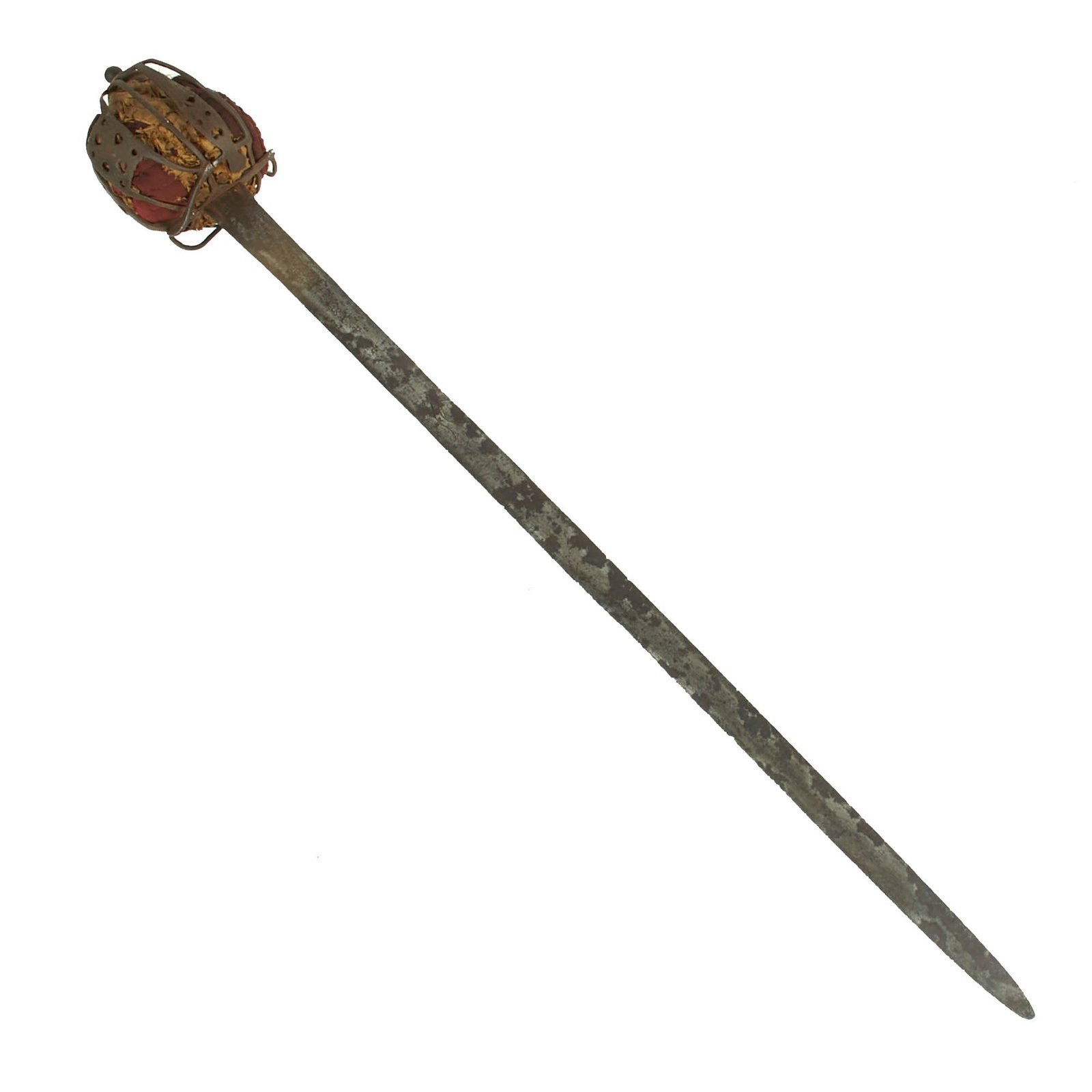 Buy Original Scottish 1700s Jacobite Uprising Era Basket Hilt Broad Sword with Glasgow Style Hilt & Red Padded Liner - Marked Andrea Ferara with Solingen “Running Wolf” | Original Firearms Antique For Sale