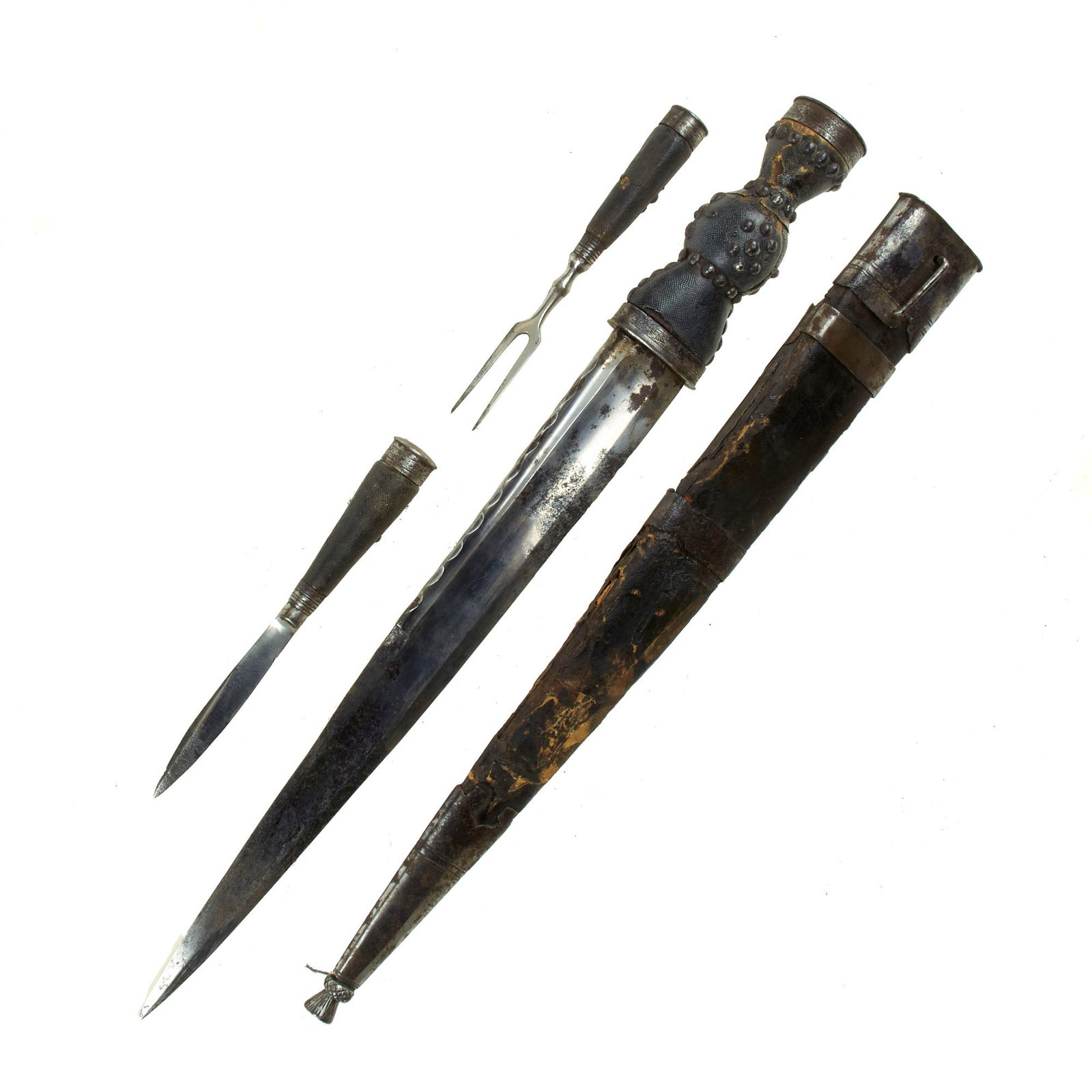 Buy Original British Early 1800s Century Scottish Dirk with Sharkskin Grip and Intricate Scabbard with Thistle-Shaped Drag & Matching Fork & Knife - Inscribed Nemo me impune lacessit | Original Firearms Antique For Sale