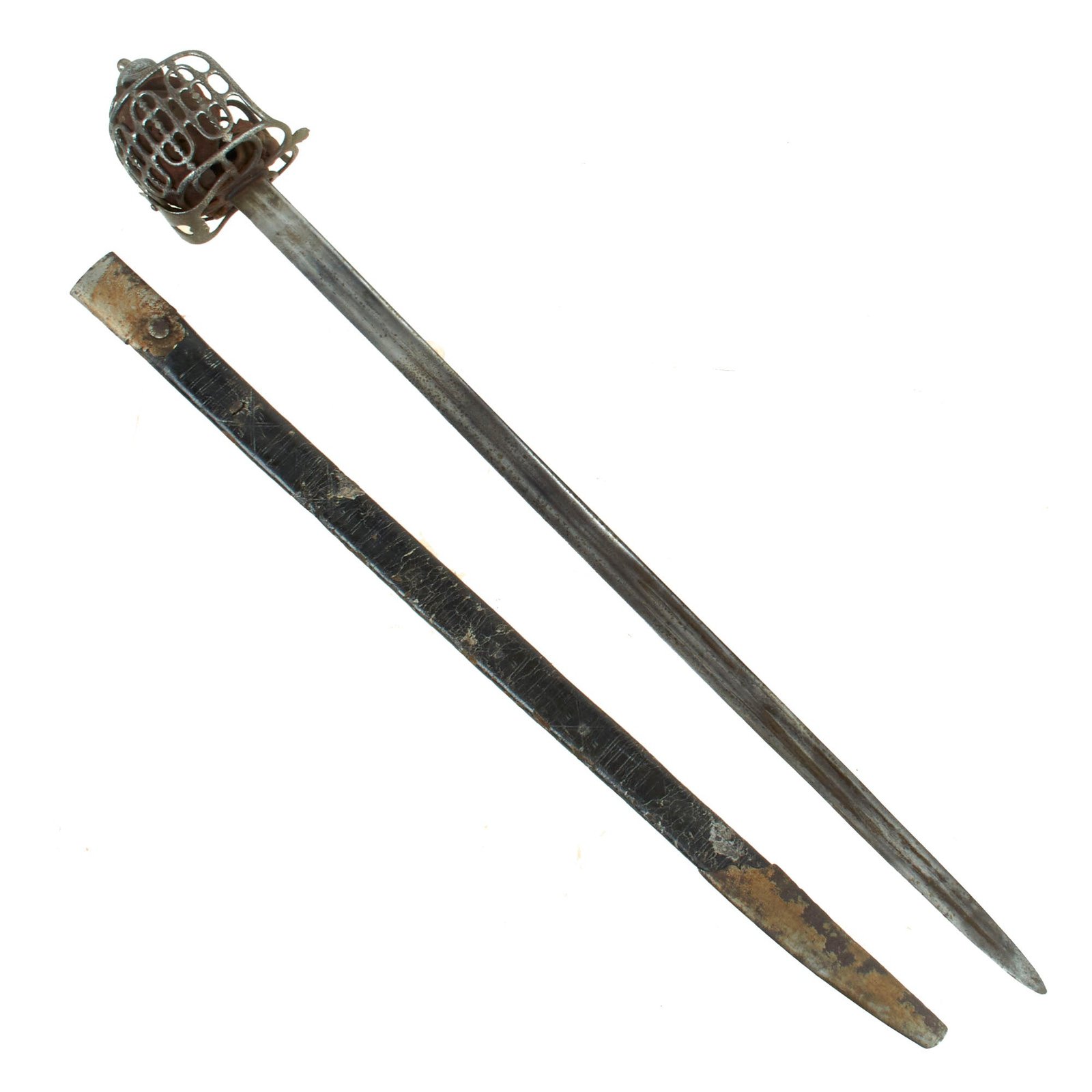 Buy Original Scottish 1700s Jacobite Uprising Era Basket Hilt Broad Sword with Sharkskin-Wrapped Grip & Scarce Original Scabbard - Faint Maker’s Marks on Blade | Original Firearms Antique For Sale