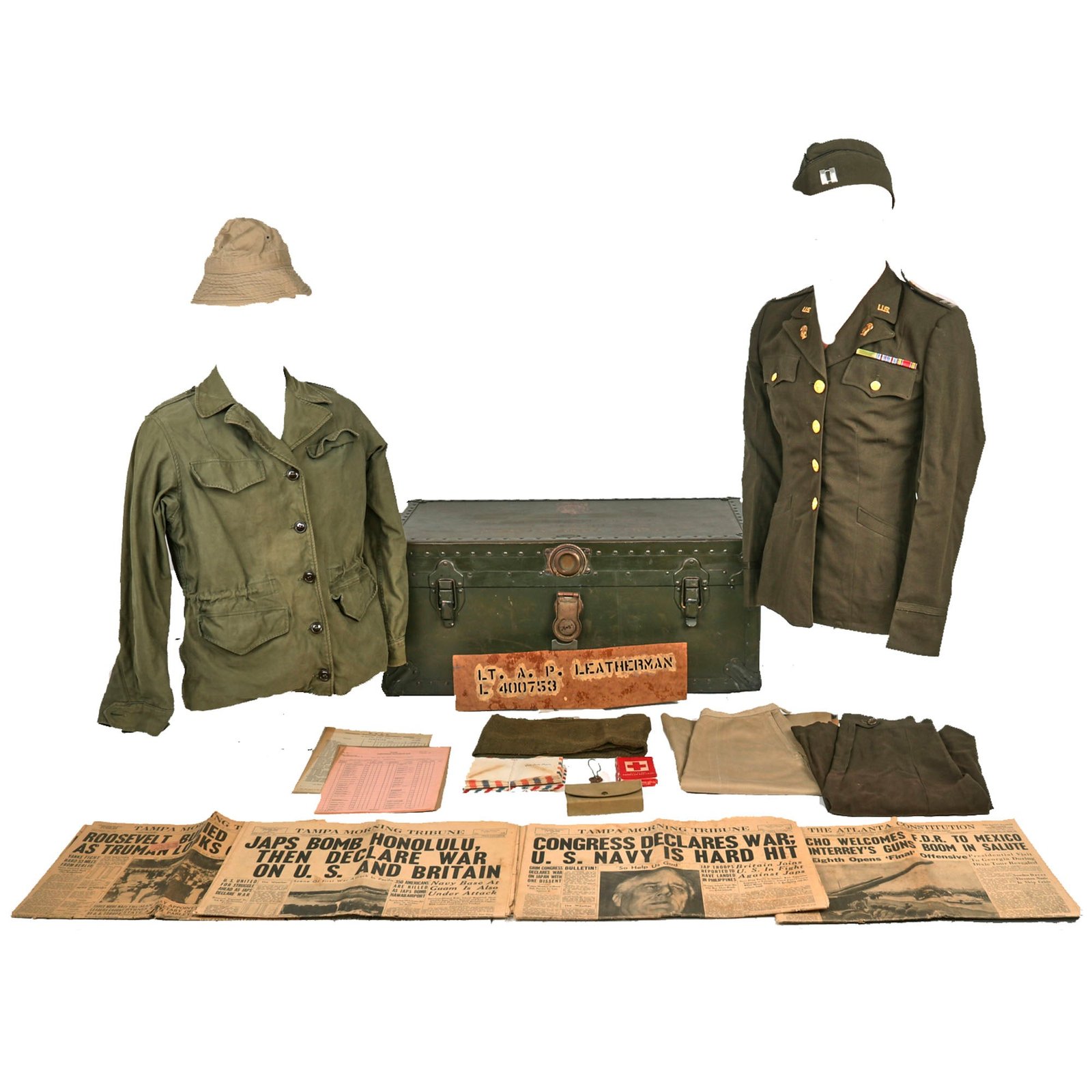 Buy Original U.S. WWII Women’s Auxiliary Army Corps Female Captain’s Painted WAC Trunk & Uniform Grouping - Ava P. Leatherman | Original Firearms Antique For Sale