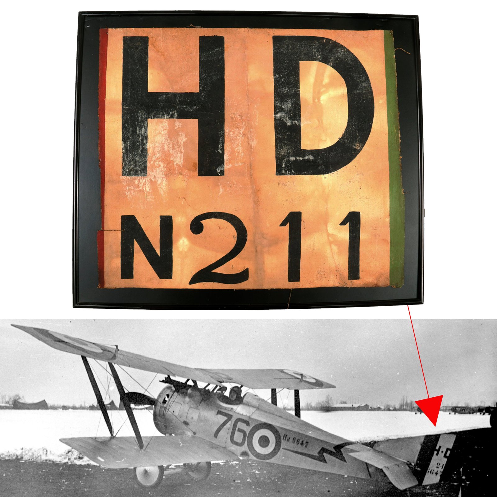 Buy Original Italian WWI Corpo Aeronautico Militare Cut-Off Tail Skin of Hanriot HD.1 with Airplane Identification Number & Italian Colors - Framed 17 x 20” | Original Firearms Antique For Sale