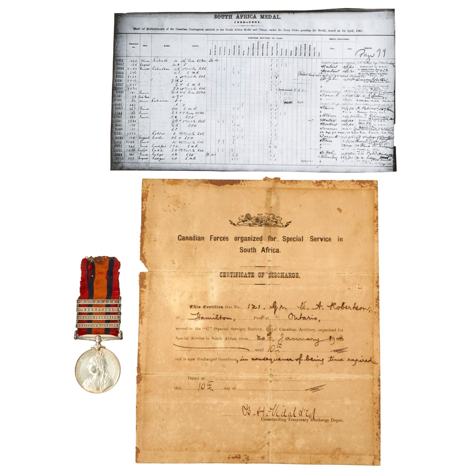 Buy Original Canadian Second Boer War Named Version Two Queen's South Africa Medal With 4 Clasps & Original Discharge - Gunner William A. Robertson, Royal Canadian Infantry - Scarce Relief of Mafeking Clasp | Original Firearms Antique For Sale