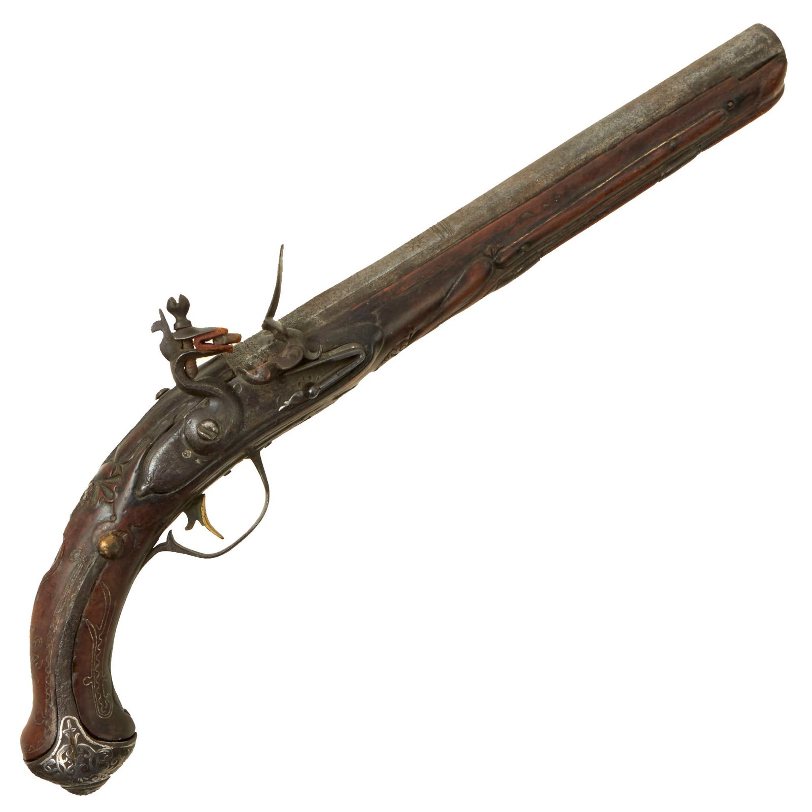 Buy Original 19th Century Ottoman Short Flintlock Holster Pistol with Silver Decorated Butt Cap and Carved Stock | Original Firearms Antique For Sale
