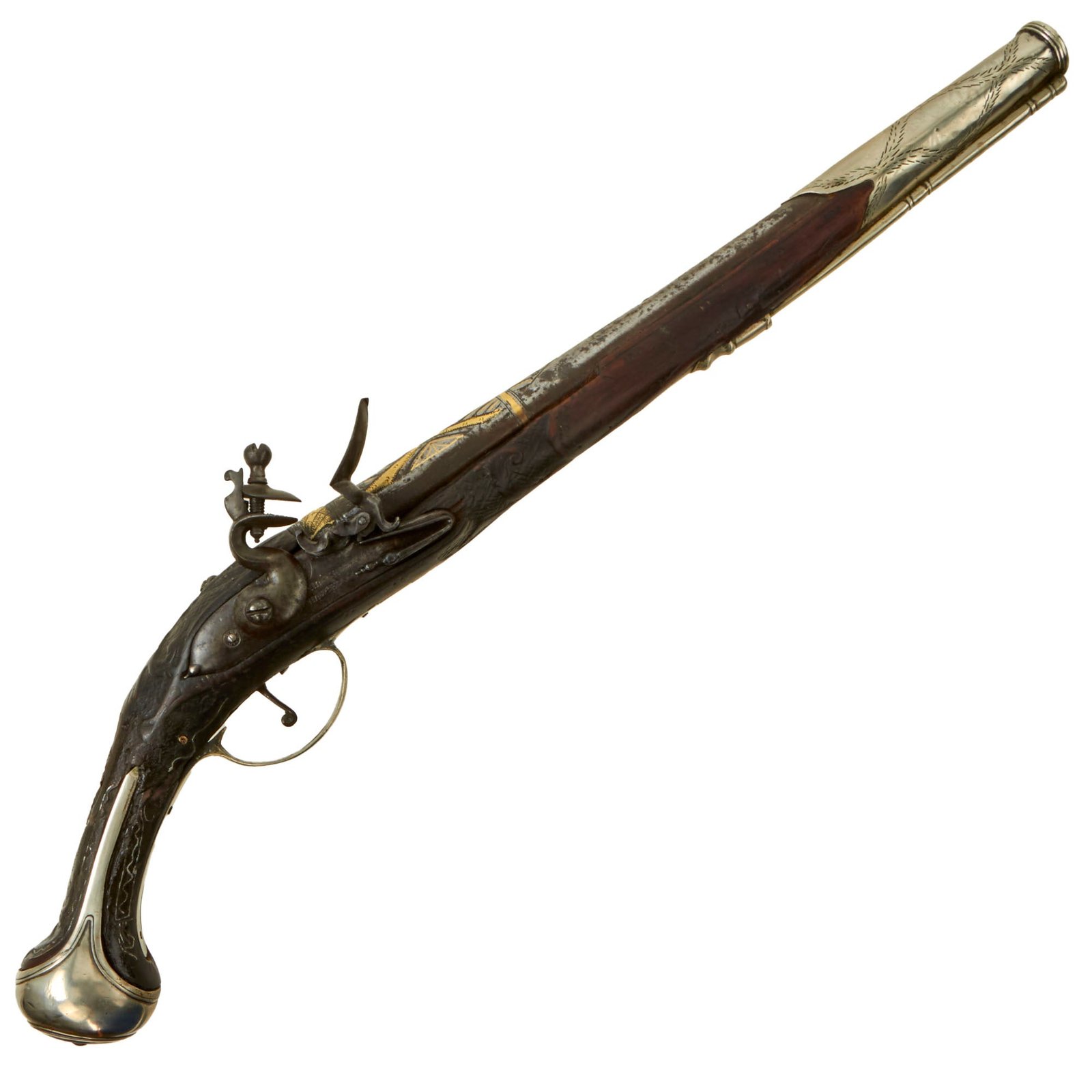 Buy Original 19th Century Ottoman Silver Mounted Long Flintlock Holster Pistol with Carved Stock and Brass Inlaid Barrel | Original Firearms Antique For Sale