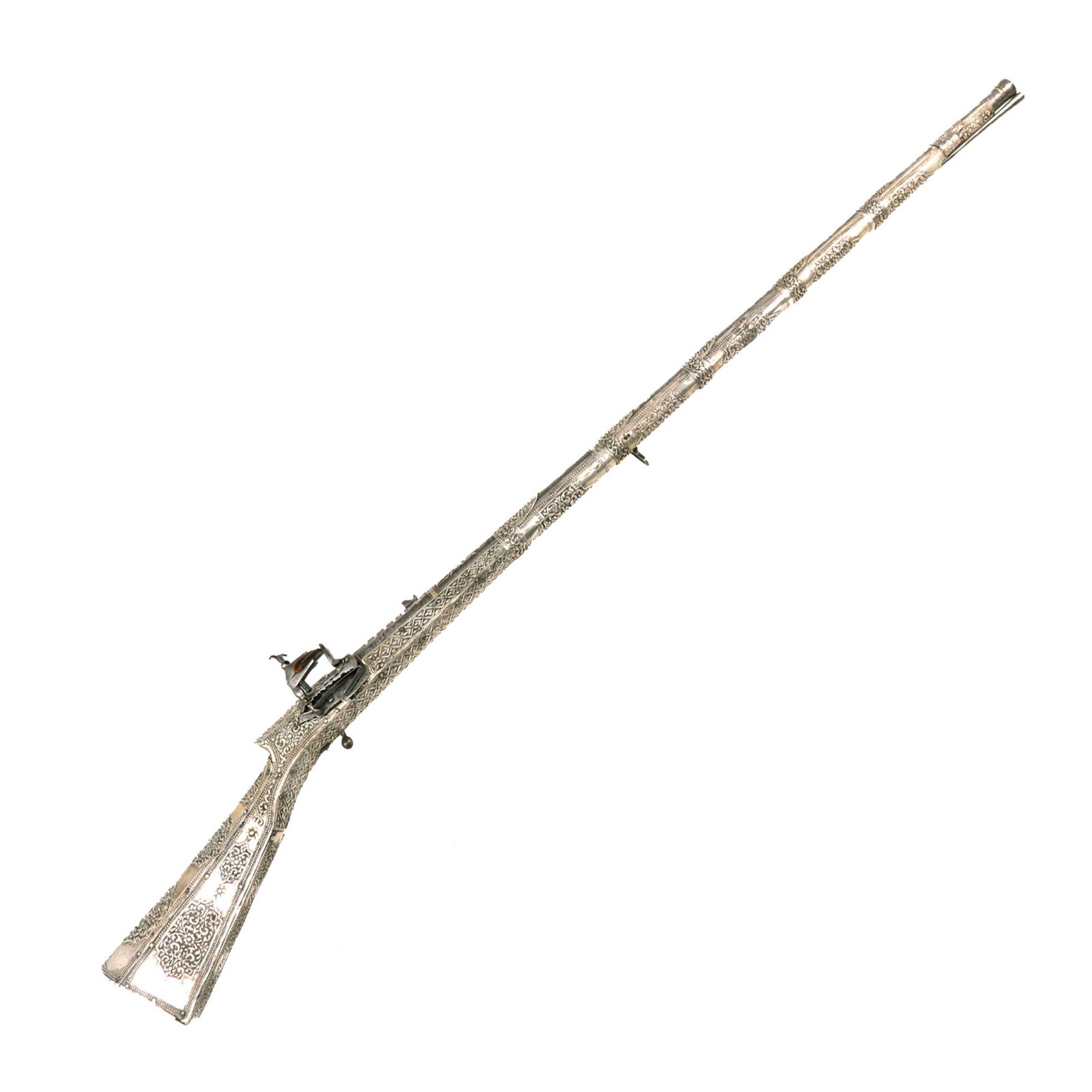Buy Original Magnificent Ottoman Empire Miquelet Lock Embossed Silver Clad Shishana Musket with Ball Trigger - circa 1780 | Original Firearms Antique For Sale