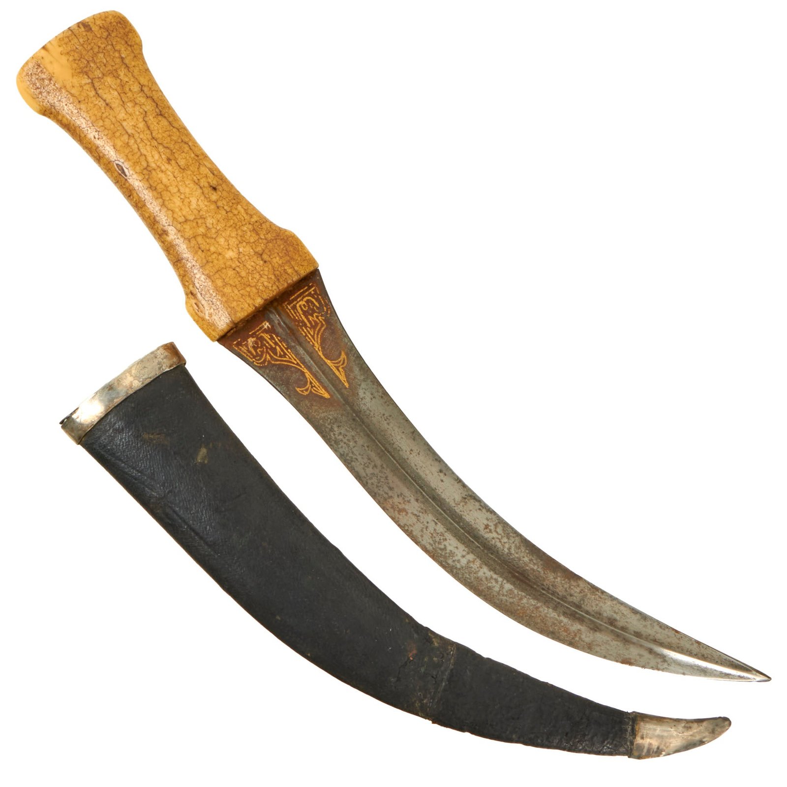 Buy Original Persian 18th Century Gold Inlaid Khanjar Dagger with Bone Grip & Scabbard | Original Firearms Antique For Sale
