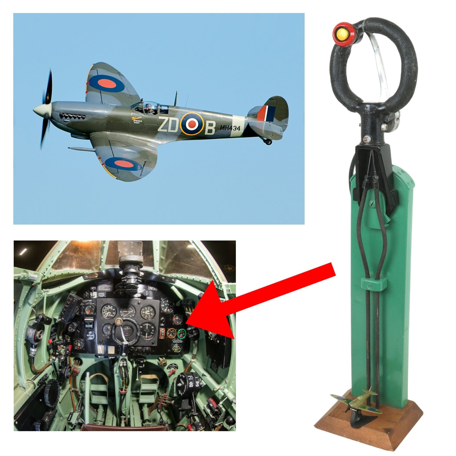 Buy Original British WWII RAF Supermarine Spitfire Aircraft Control Stick Yoke with Reproduced Housing & Wiring on Functional Display Board with Small Model | Original Firearms Antique For Sale