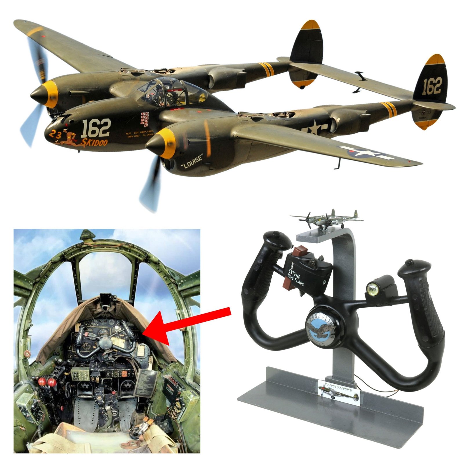 Buy Original U.S. WWII Lockheed P-38 Lightning Steering Control Yoke Mounted on Display Stand with Small Model | Original Firearms Antique For Sale