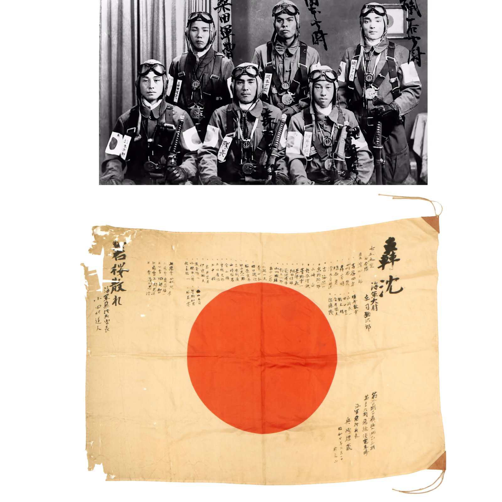 Buy Original Japanese WWII Kamikaze Unit-Signed National Flag with Squad Members Names Listed & Page of Translations - 27½" x 38½" | Original Firearms Antique For Sale