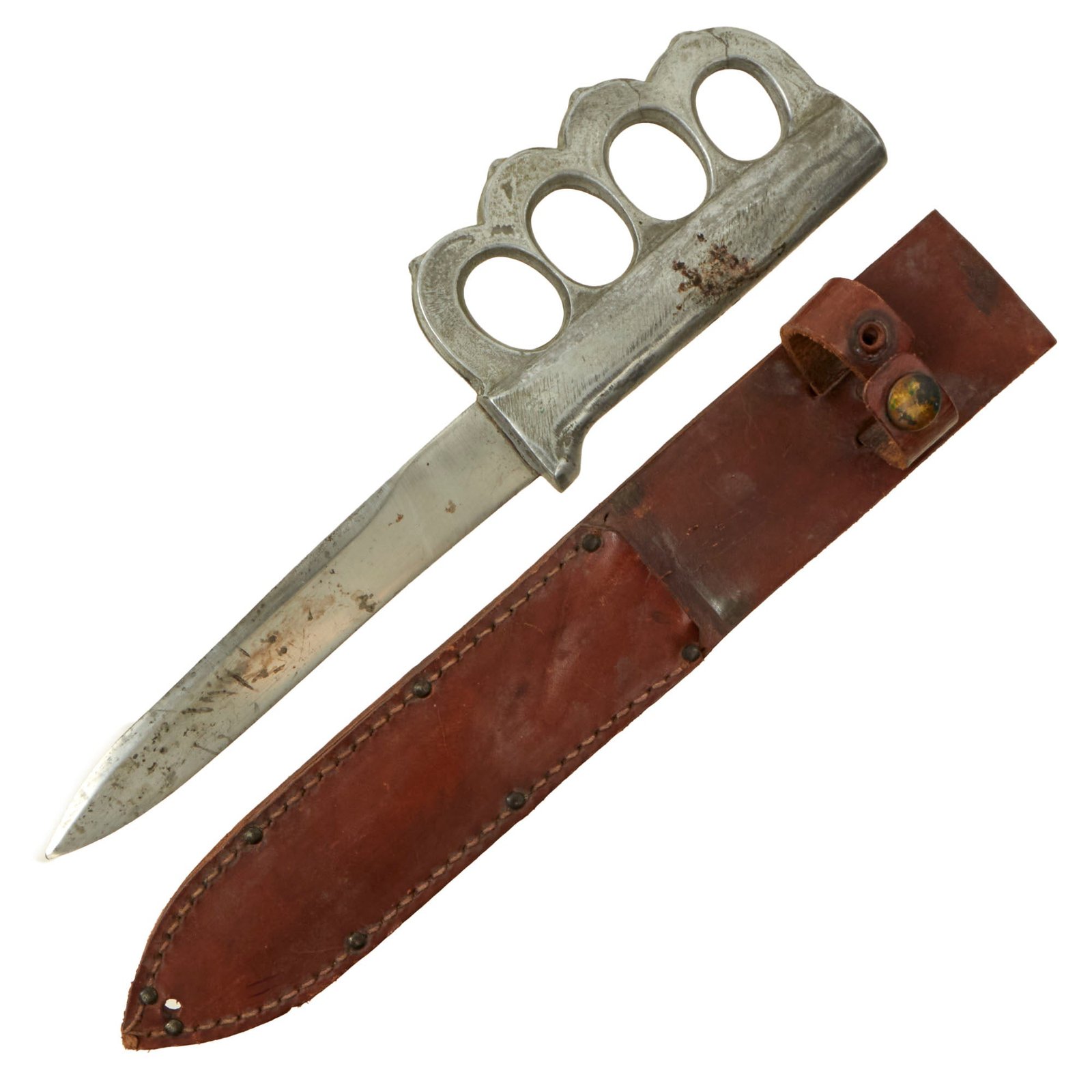 Buy Original U.S. WWII Theater-Made Aluminum Knuckle Fighting Knife with Original Leather Sheath | Original Firearms Antique For Sale