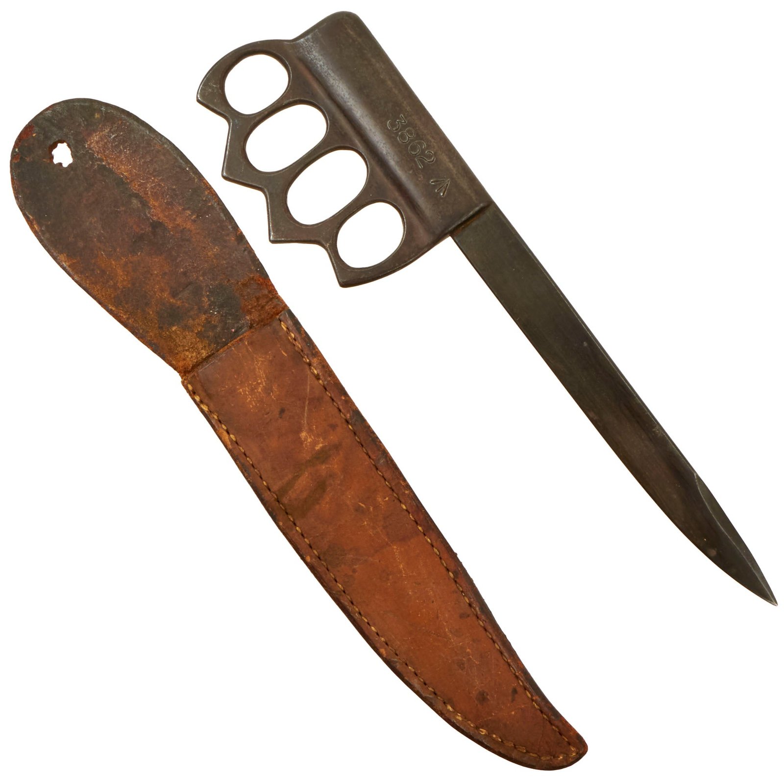 Buy Original British WWII Broad-Arrow Stamped Theater-Made Knuckle Knife Made from P1907MkII* Bayonet with Leather Sheath - Marked 3862 | Original Firearms Antique For Sale