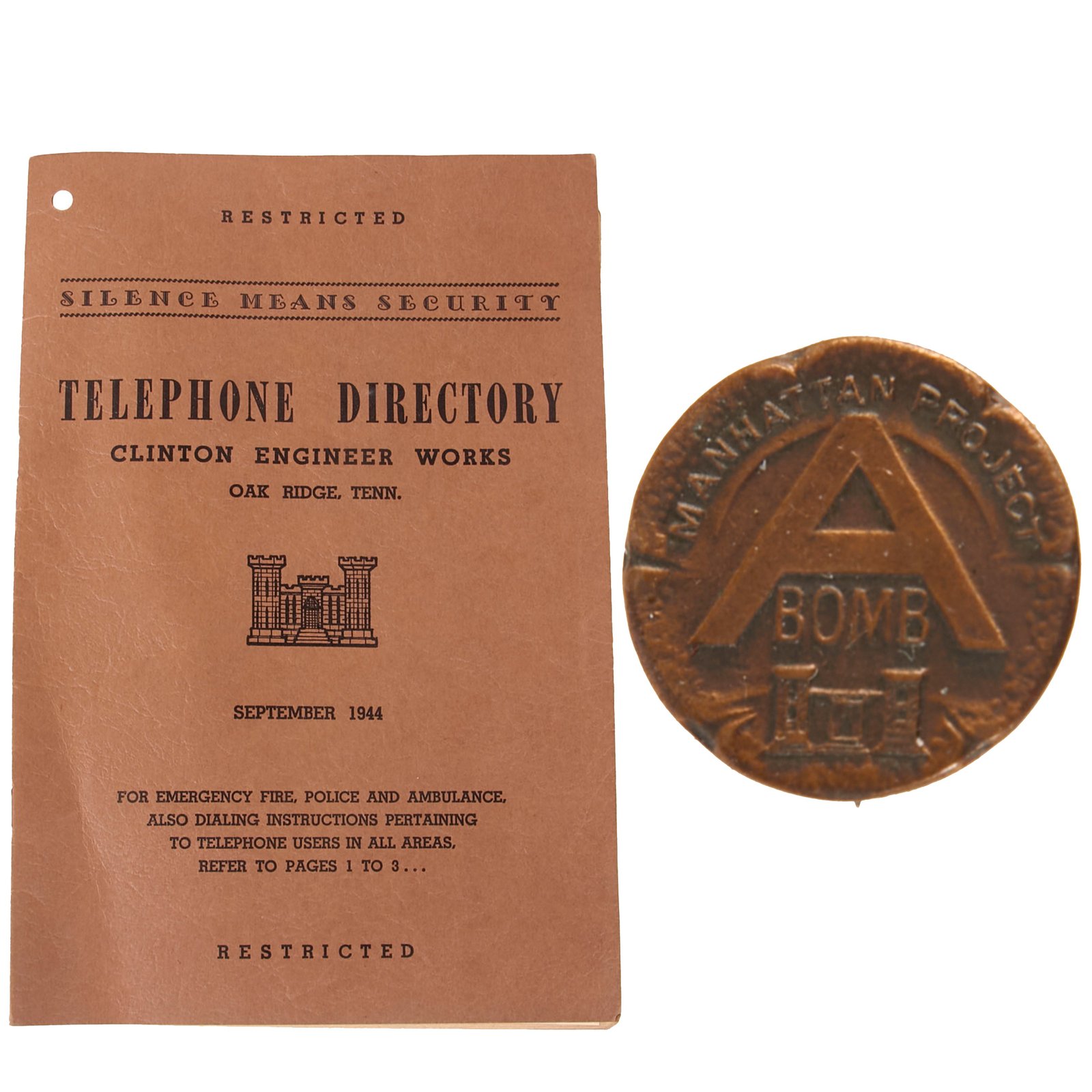 Buy Original U.S. WWII Manhattan Project Clinton Engineer Works Telephone Directory & Project A Bomb Bronze Workers Pin - Dated September 1944 | Original Firearms Antique For Sale