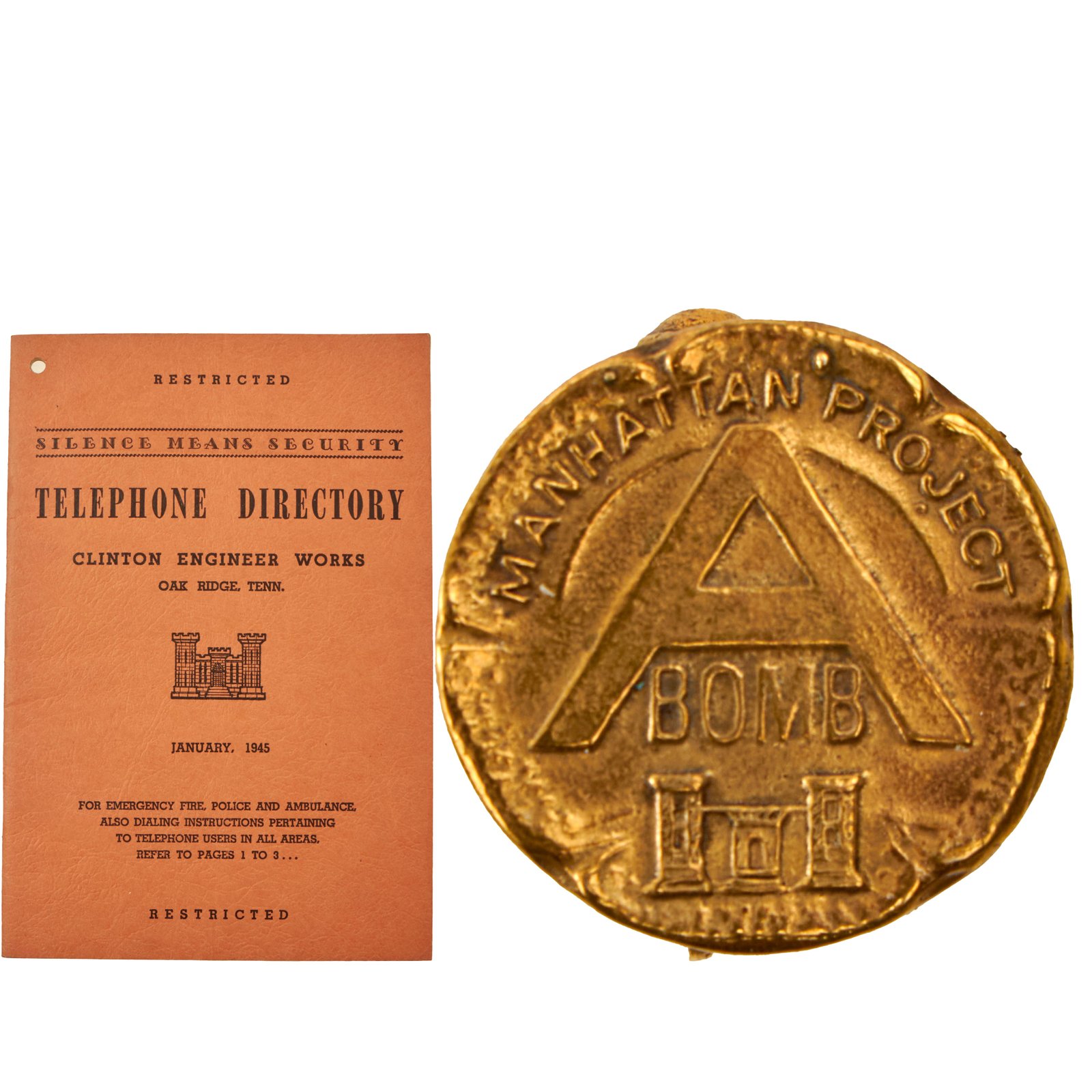 Buy Original U.S. WWII Manhattan Project Clinton Engineer Works Telephone Directory & Project A Bomb Bronze Workers Pin - Dated January 1945 | Original Firearms Antique For Sale
