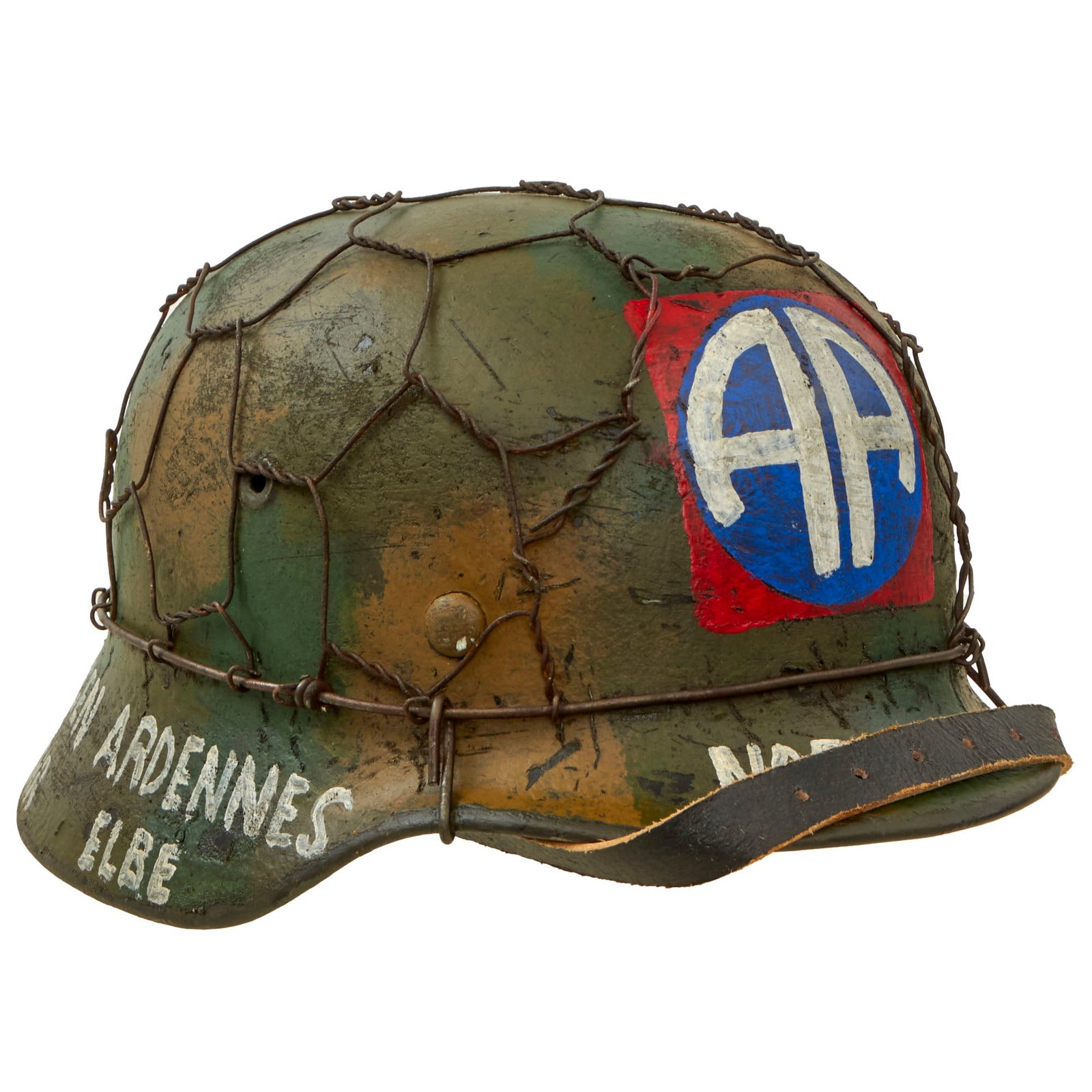 Buy Original German WWII M40 Refurbished 82nd Airborne Division Souvenir Camouflage Chicken Wire Helmet - Stamped EF66 | Original Firearms Antique For Sale