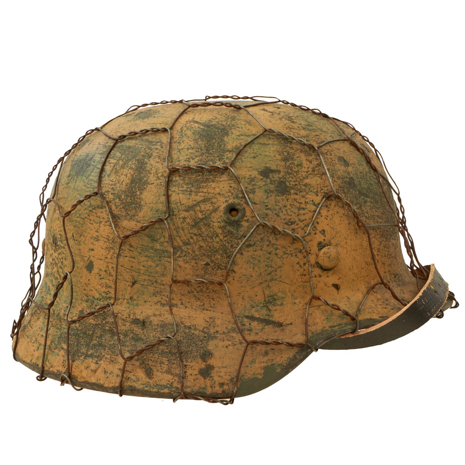 Buy Original German WWII M40 Refurbished 1st SS LAH 1943-44 Tan Italian Camouflage Chicken Wire Helmet - Stamped EF66 | Original Firearms Antique For Sale