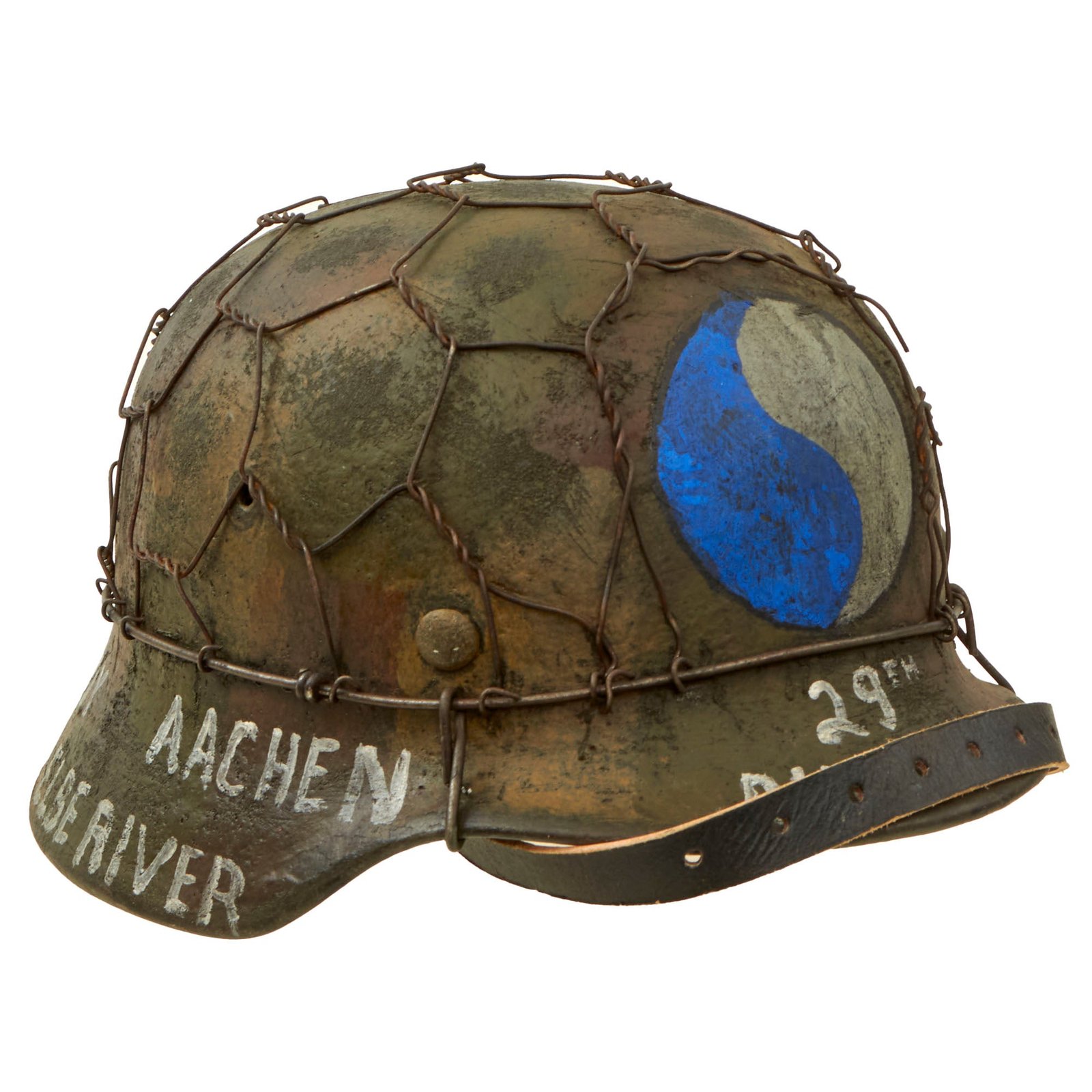 Buy Original German WWII M40 Refurbished 29th Infantry Division Souvenir Camouflage Chicken Wire Helmet - Stamped EF64 | Original Firearms Antique For Sale