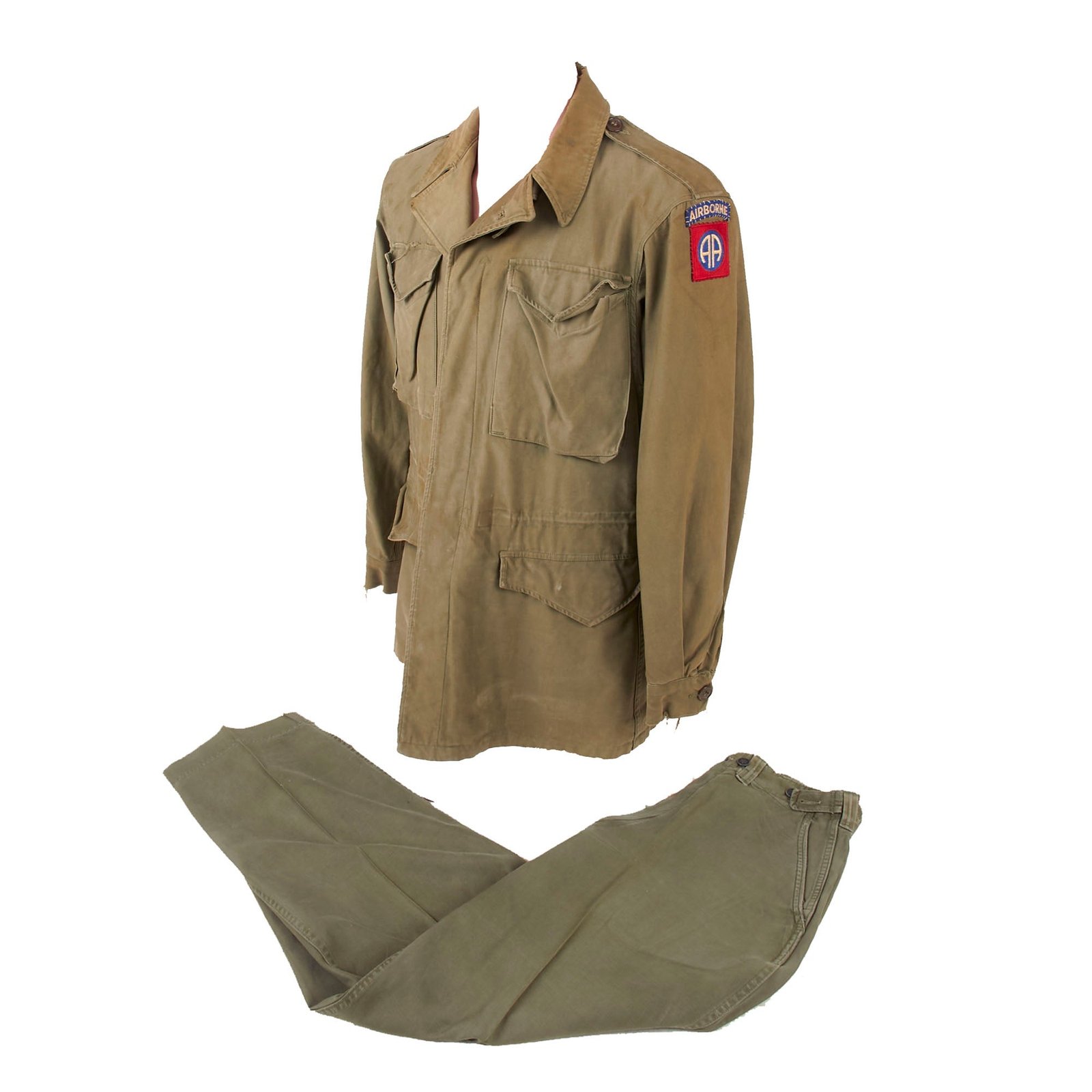 Buy Original U.S. WWII Identified 82nd Airborne Division M43 M1943 Field Jacket & Trousers with Period-Applied Patch - D-Day Veteran Melvin Merle Hancock, 325th Glider Infantry Regiment - Wounded Three Times | Original Firearms Antique For Sale
