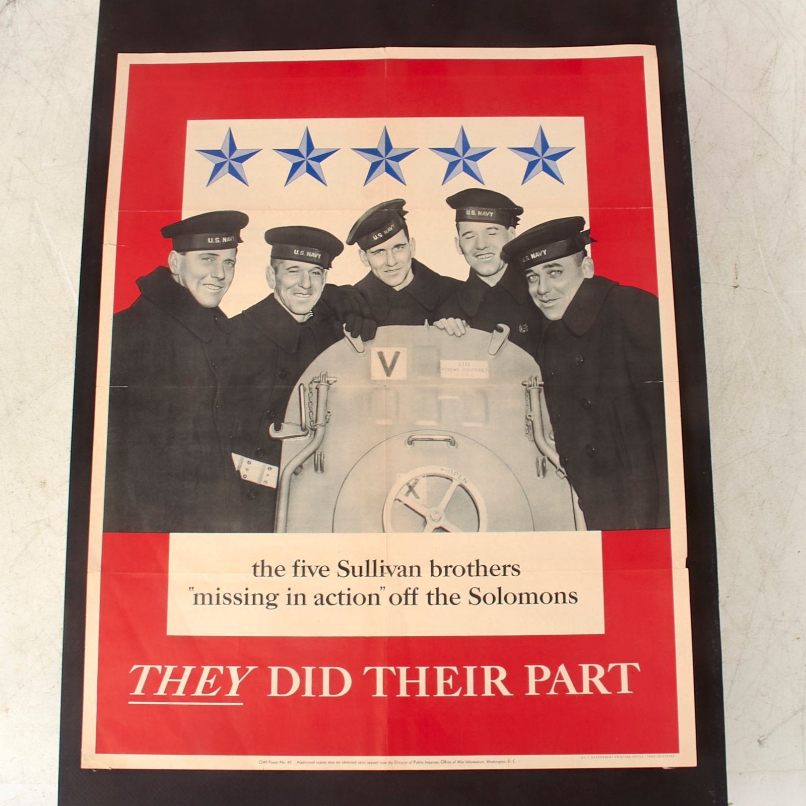 Buy Original U.S. WWII Office of War Information 1943 Propaganda Poster - Sullivan Brothers, They Did Their Part - 22 x 28” | Original Firearms Antique For Sale
