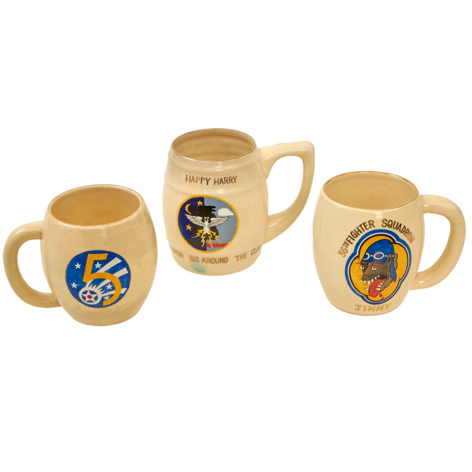 Buy Original U.S. Korean War 36th Fighter Squadron, Marine Fighter Squadron 513 & 5th Air Force Mugs - Lot of Three | Original Firearms Antique For Sale