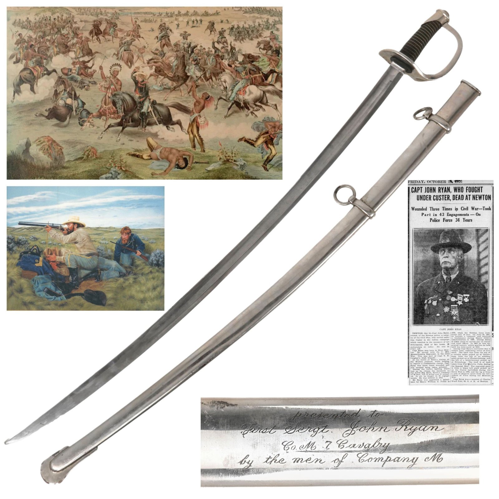 Buy Original U.S. Battle of Little Bighorn Survivor 1st Sergeant John Ryan’s Presentation Inscribed M-1840 Cavalry Saber with Professional Research Portfolio - Presented by Men of Co. M, 7th Cavalry - Fired Last Shot at Little Bighorn | Original Firearms Antique For Sale