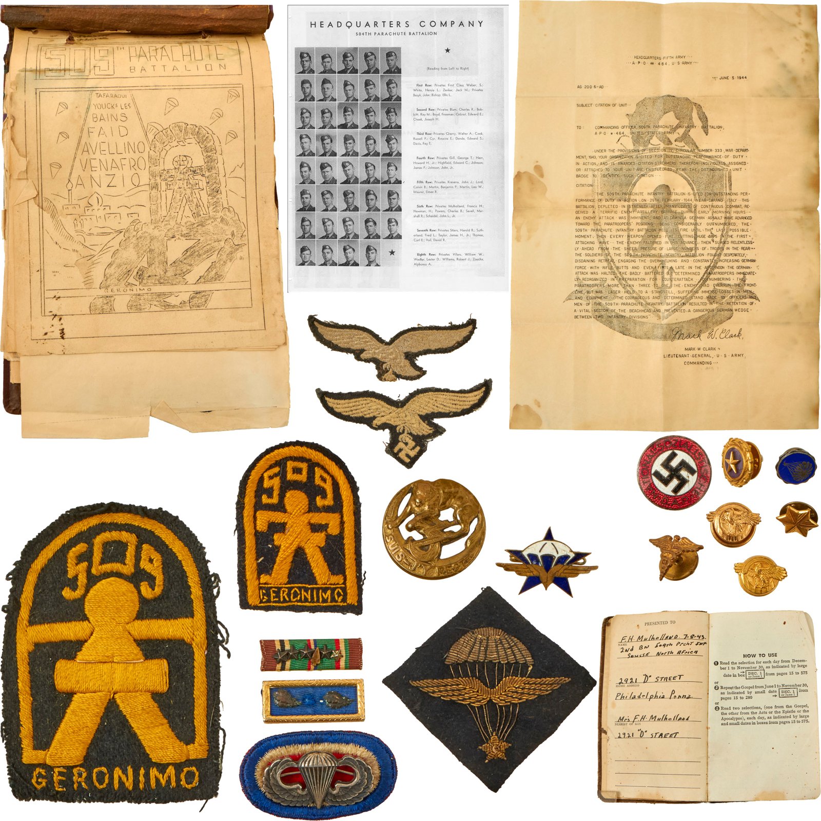 Buy Original U.S. WWII 509th Parachute Infantry Regt. “Geronimo” Grouping from T/5 F.H. Mulholland; Includes Rare Italian-Made 509th Jacket & Beret Patches, Free French Jump Wings, 3rd Rgt Zouave Badge, Archive of Orders & More | Original Firearms Antique For Sale