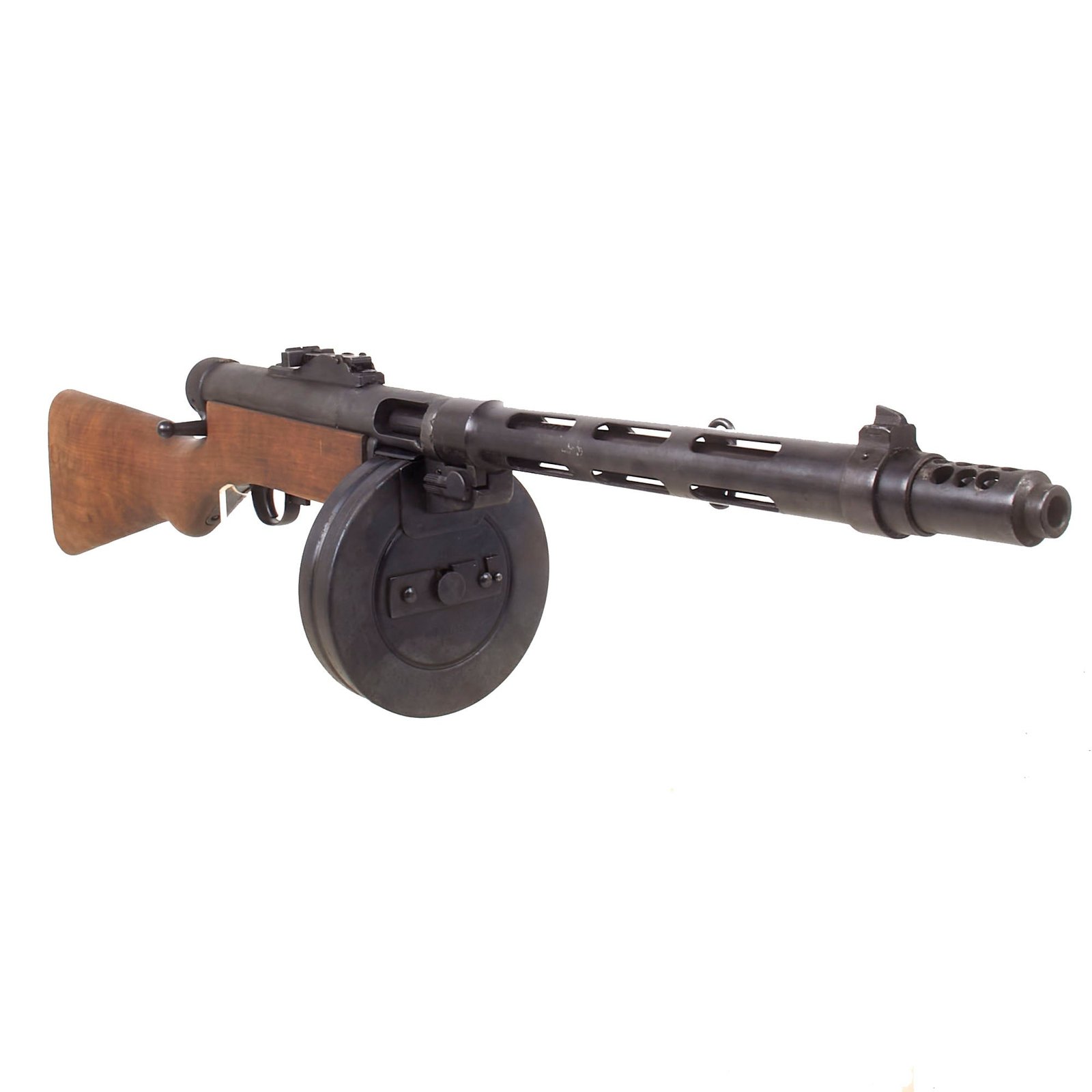 Buy Original Finnish WWII Suomi KP/-31 M31 9mm Display SMG with Figured Wood Stock and Drum Magazine - Serial 14869 | Original Firearms Antique For Sale