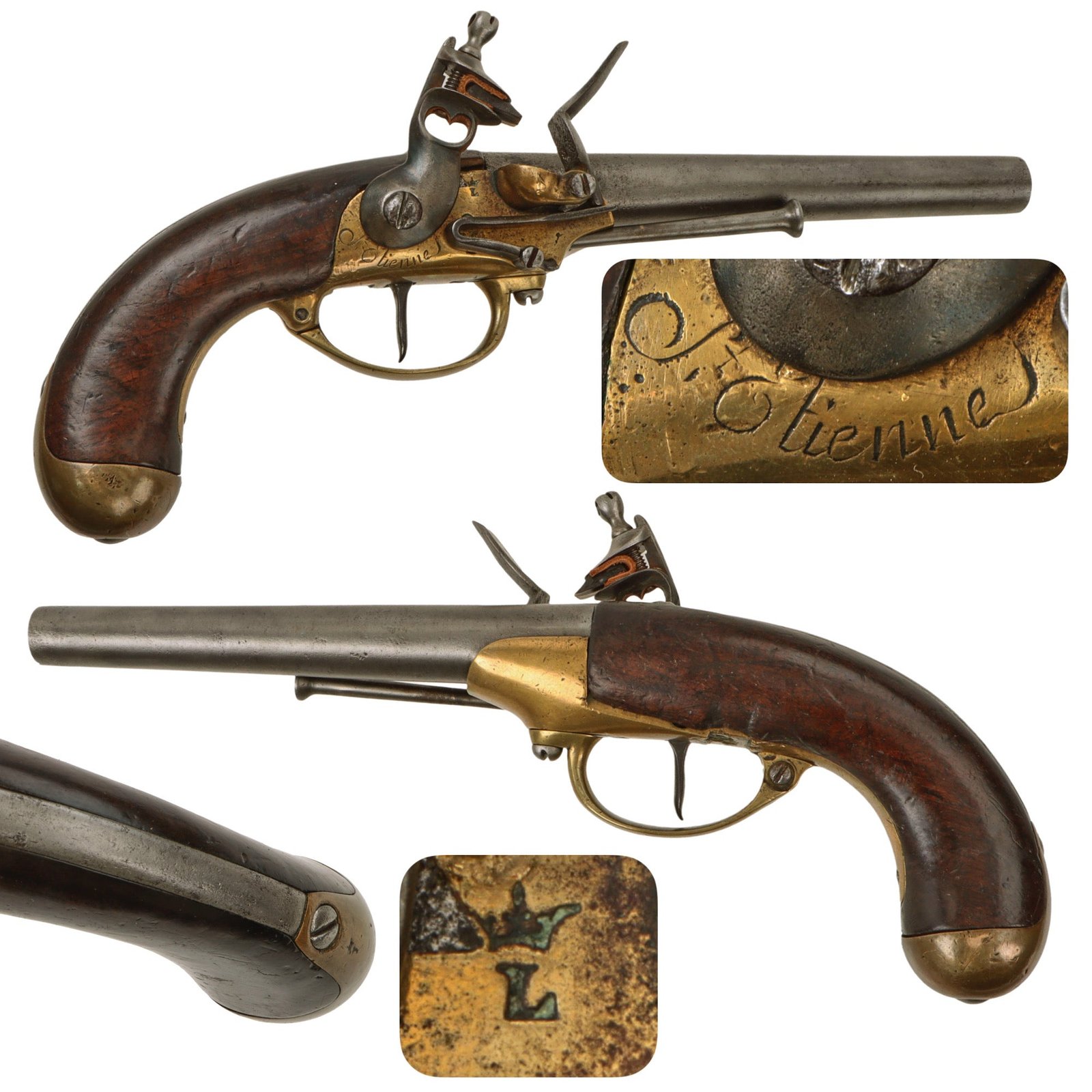 Original French Modèle 1777 Brass Frame Flintlock Cavalry Pistol by St.-Étienne Arsenal Circa 1785 - Missing Belt Hook