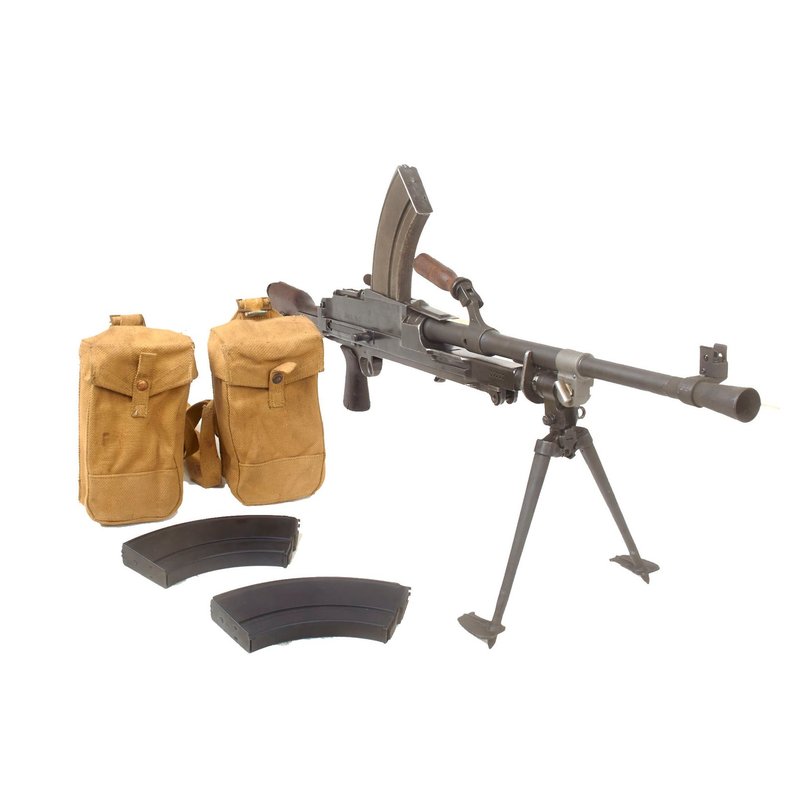 Buy Original British WWII 1942 Dated Bren MkII Display Light Machine Gun by Daimler Monotype Serial 13T1345 with Live Barrel and Magazine Pouch Set | Original Firearms Antique For Sale