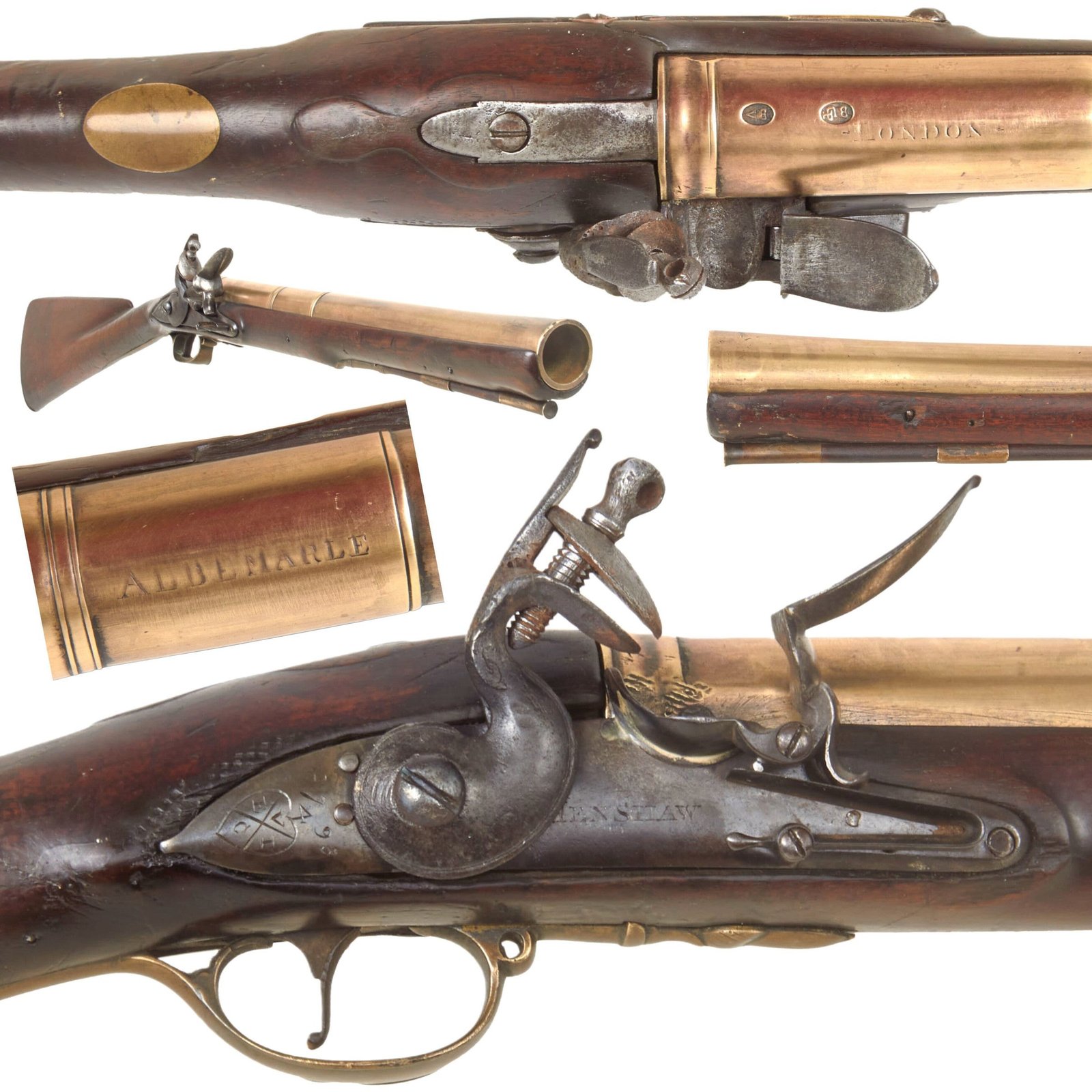 Buy Original British East India Company Brass Barrel Naval Flintlock Blunderbuss by Henshaw Marked to East Indiaman Albemarle - Dated 1793 | Original Firearms Antique For Sale