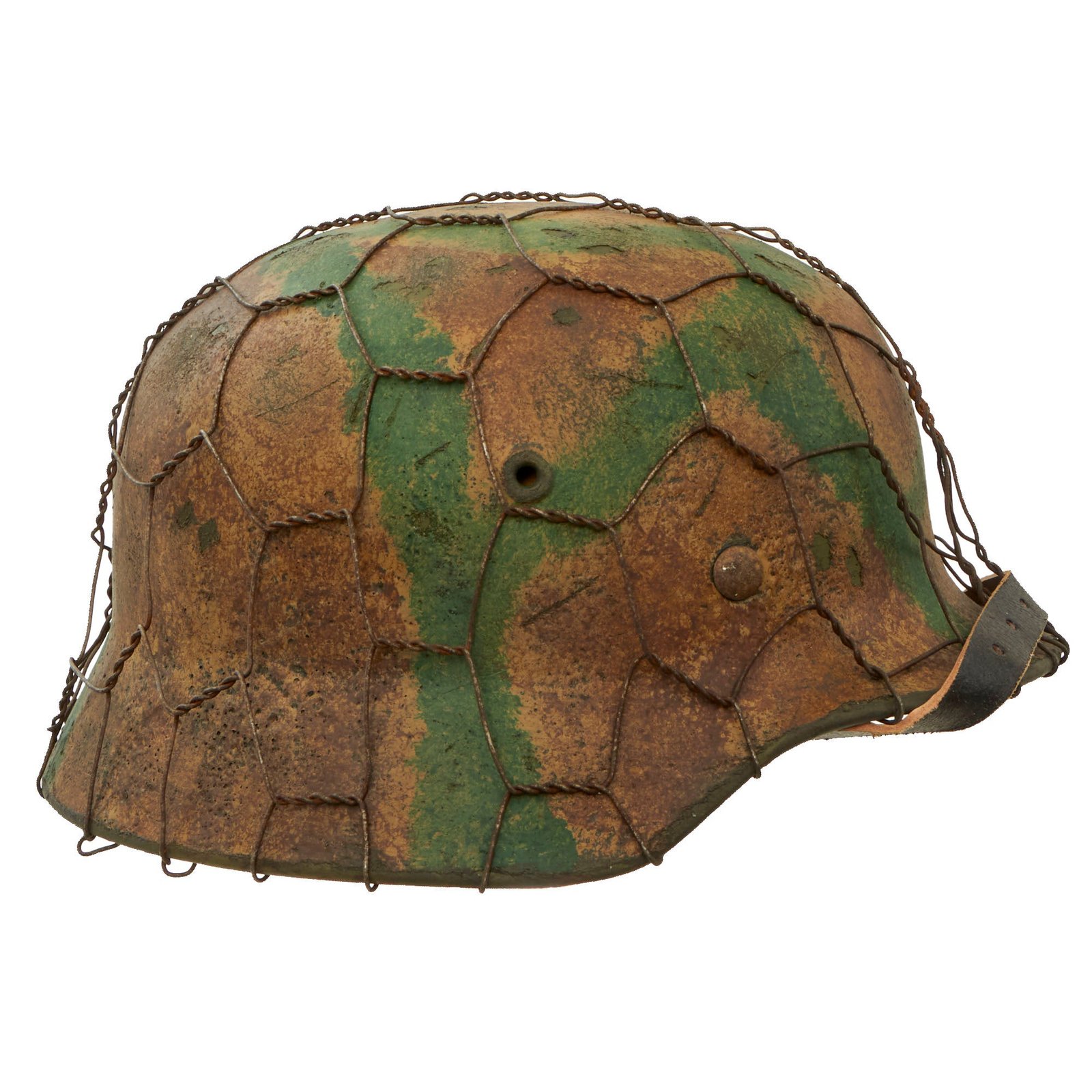 Original German WWII M40 Refurbished 1st SS LAH 1943-44 Tan Italian Camouflage Chicken Wire Helmet - Stamped Q66