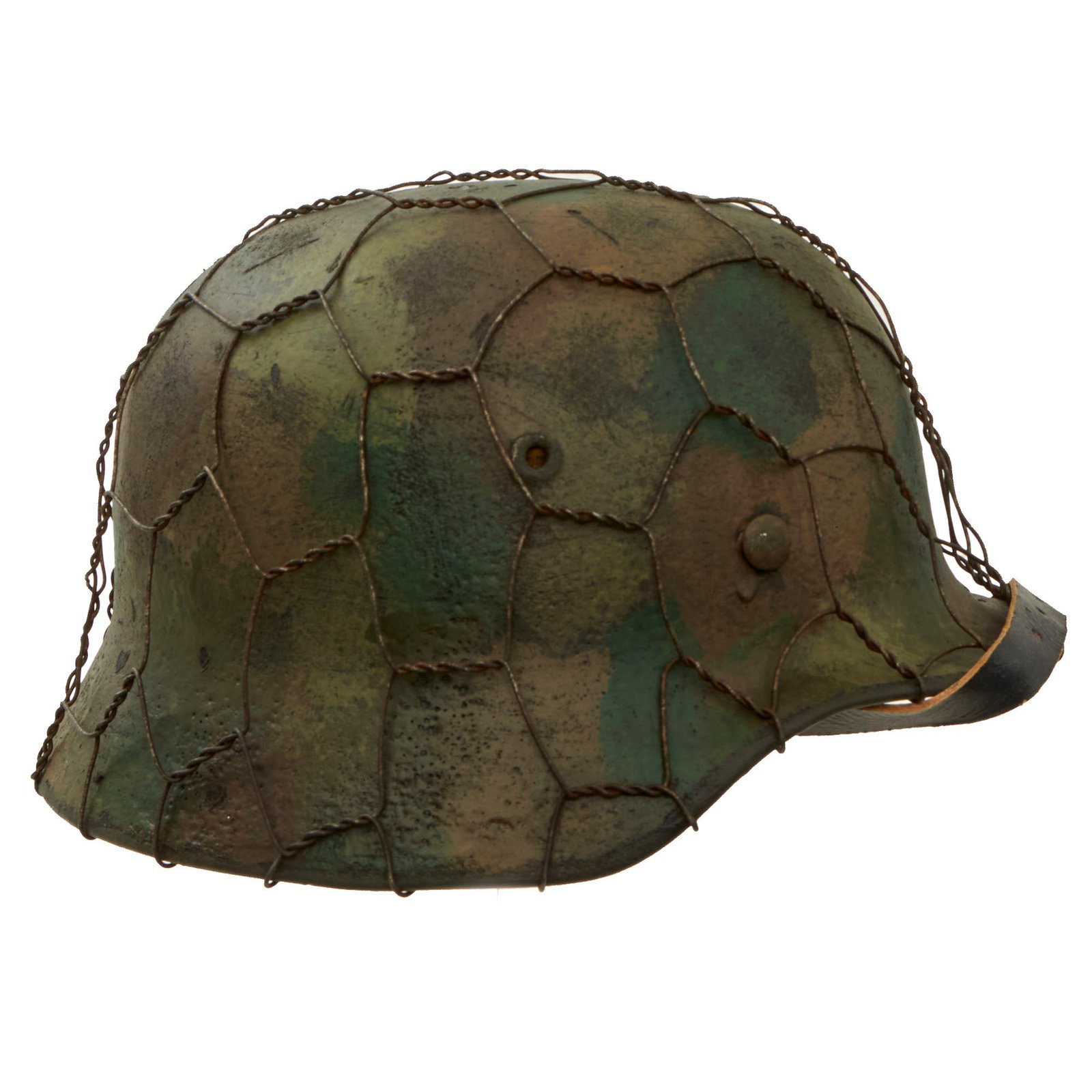 Original German WWII M40 Refurbished 12th SS Panzer HJ at Caan & Falaise Chicken Wire Camouflage Helmet - Stamped EF64