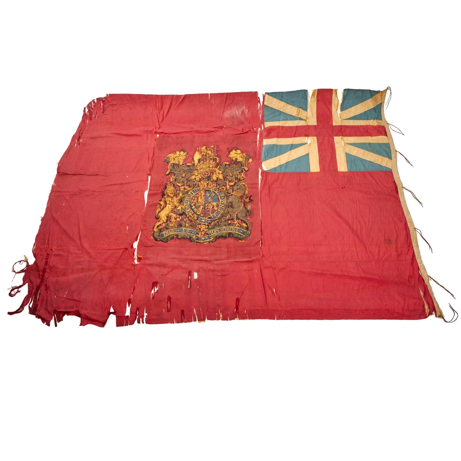 Original British American Revolutionary War Era Ensign Flag with Hand-Painted King George III Heraldry & Pre-1801 Union Jack - Attributed to Royal Northumberland Fusiliers Formerly 5th Regiment of Foot Circa 1775 - 64 x 84”