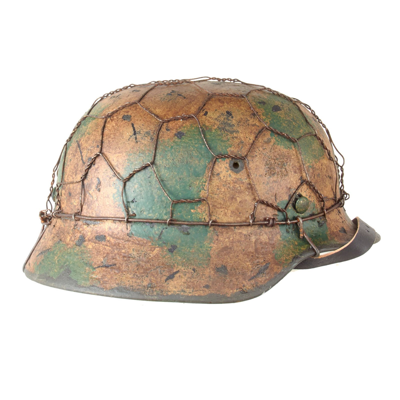 Original German WWII M40 Refurbished Textured Normandy Camouflage Chicken Wire Half-Basket SS Helmet - Stamped EF66