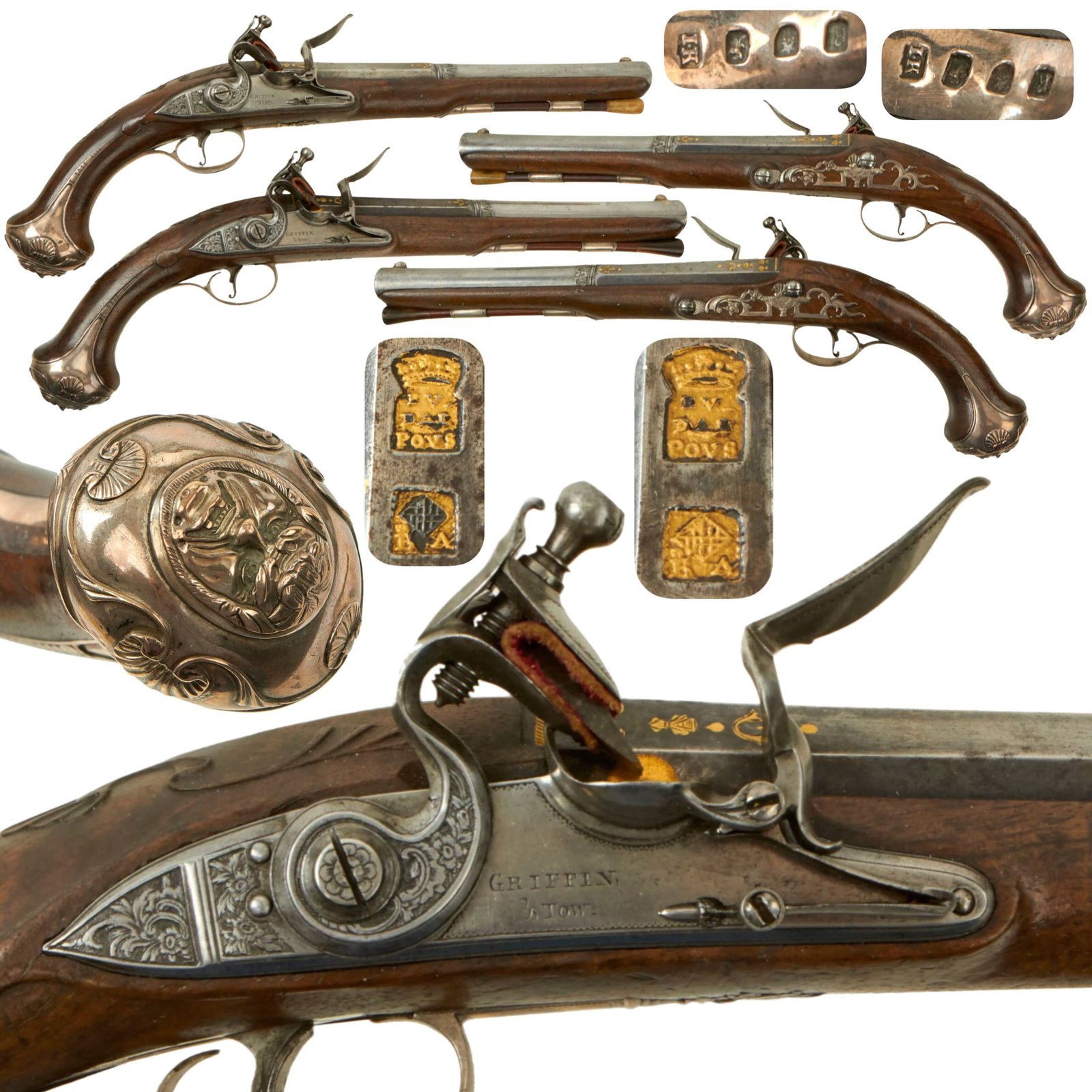Buy Original British 1772 Hallmarked Silver Mounted Pair of Flintlock Pistols by Griffin & Tow with Gold Inlaid Barrels by Eudal Pous of Barcelona Spain | Original Firearms Antique For Sale
