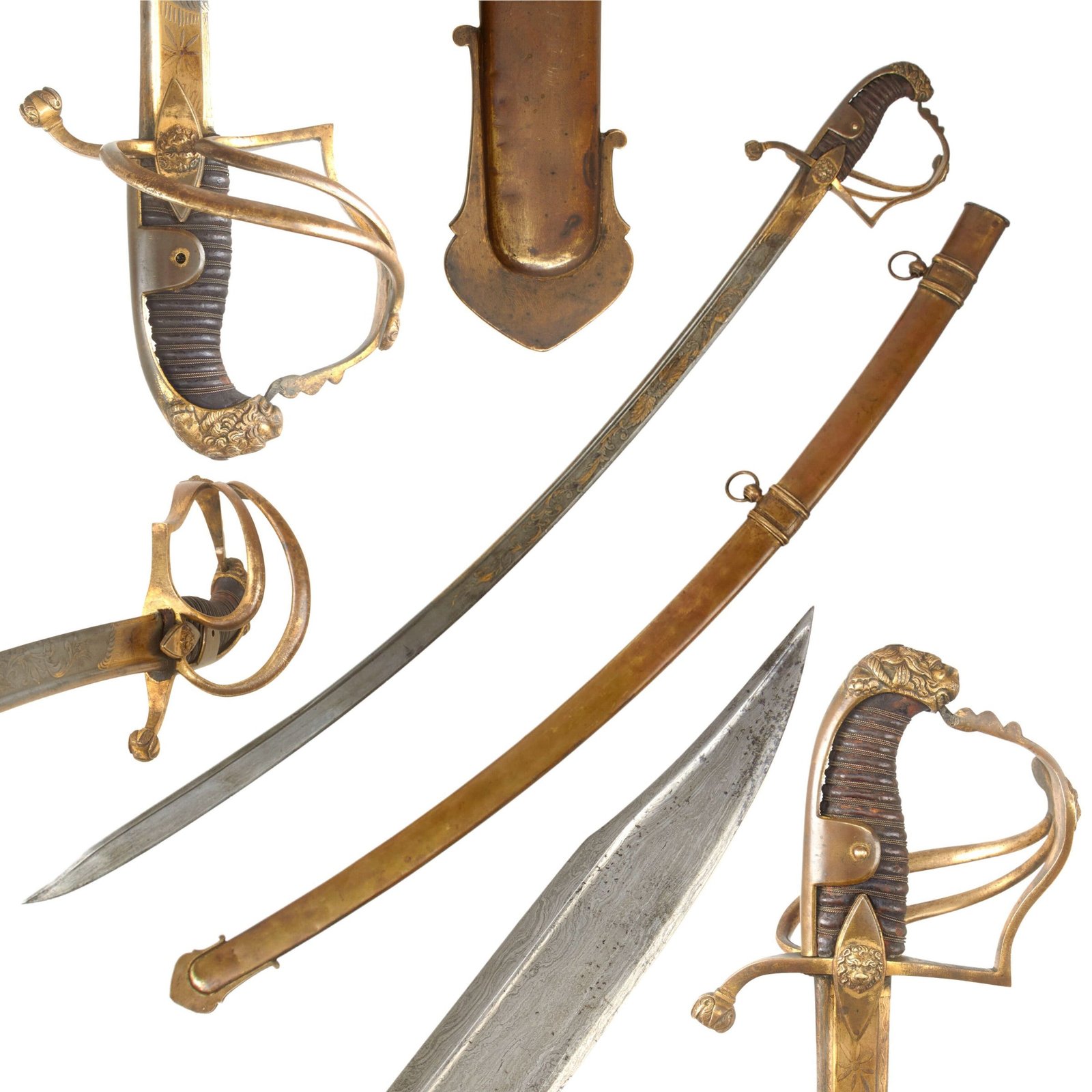 Buy Original French Post-Napoleonic Lion’s Head Officer’s Sword with Scabbard and Gold-Inlaid & Etched Wootz Damascus Blade | Original Firearms Antique For Sale