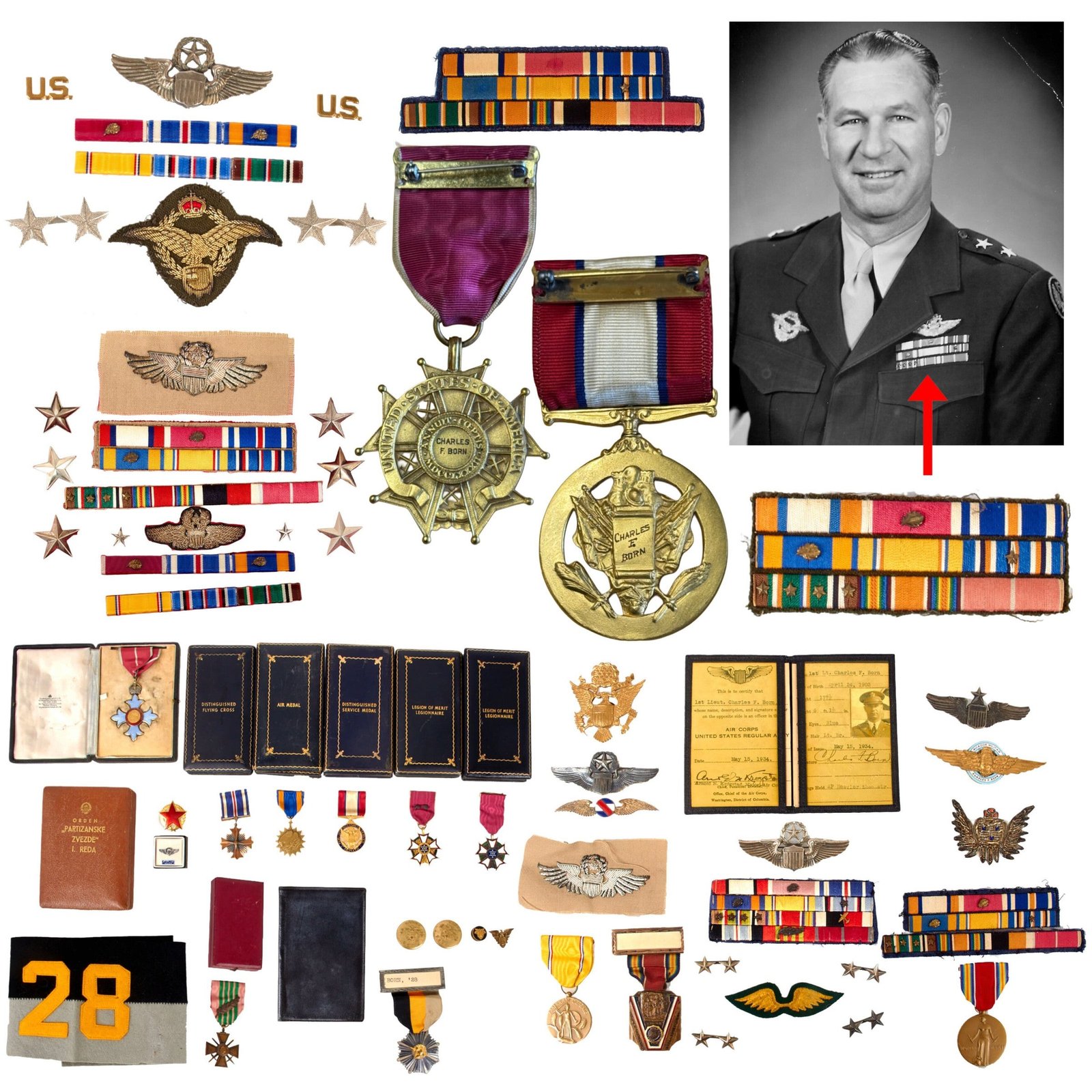 Buy Original U.S. WWII Outstanding Medal & Ephemera Group of Air Force Major General Charles F. Born with Engraved Distinguished Service Medal & Legion of Merit and Phenomenal Tailor-Made Ribbon Bars - Records of Military Service | Original Firearms Antique For Sale