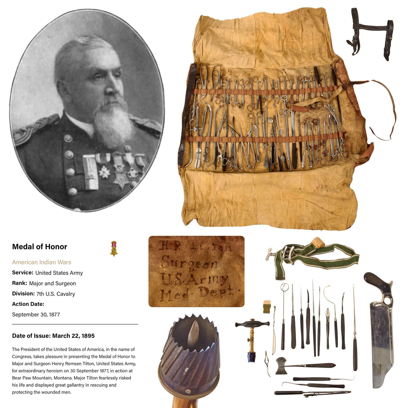Original U.S. Indian Wars Battle of Bear Paw Medal of Honor Recipient 7th Cavalry Surgeon Henry Remsen Tilton’s Doeskin Surgical Medical Tool Roll with 75 Retained Tools Including Bonesaw and Trepanation Reamer