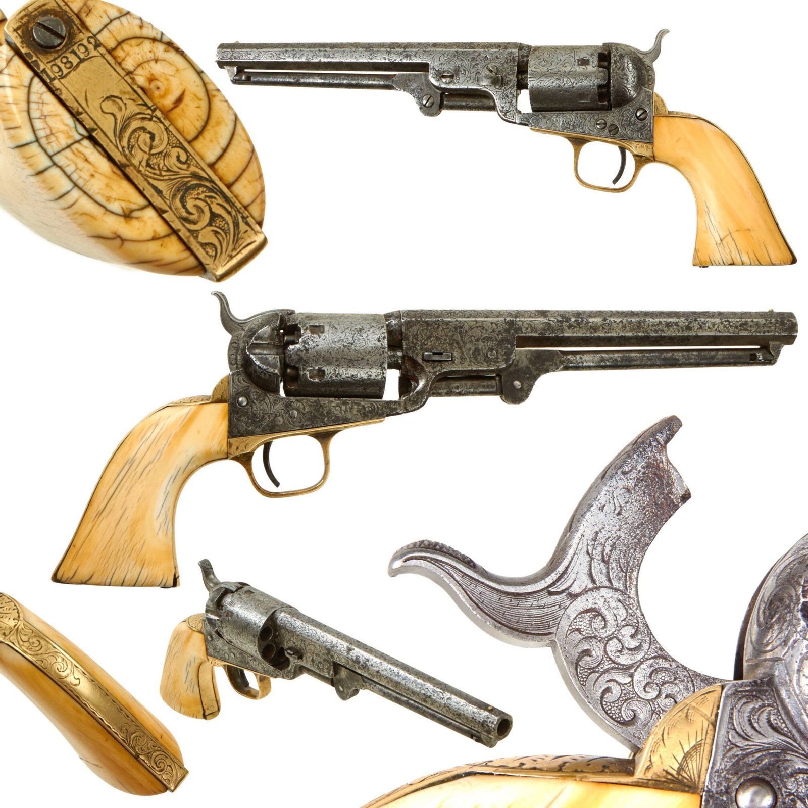 Buy Original U.S. Civil War Era Gustave Young Engraved Colt Model 1851 Navy .36cal Percussion Revolver Made in 1866 - Serial 198428 | Original Firearms Antique For Sale