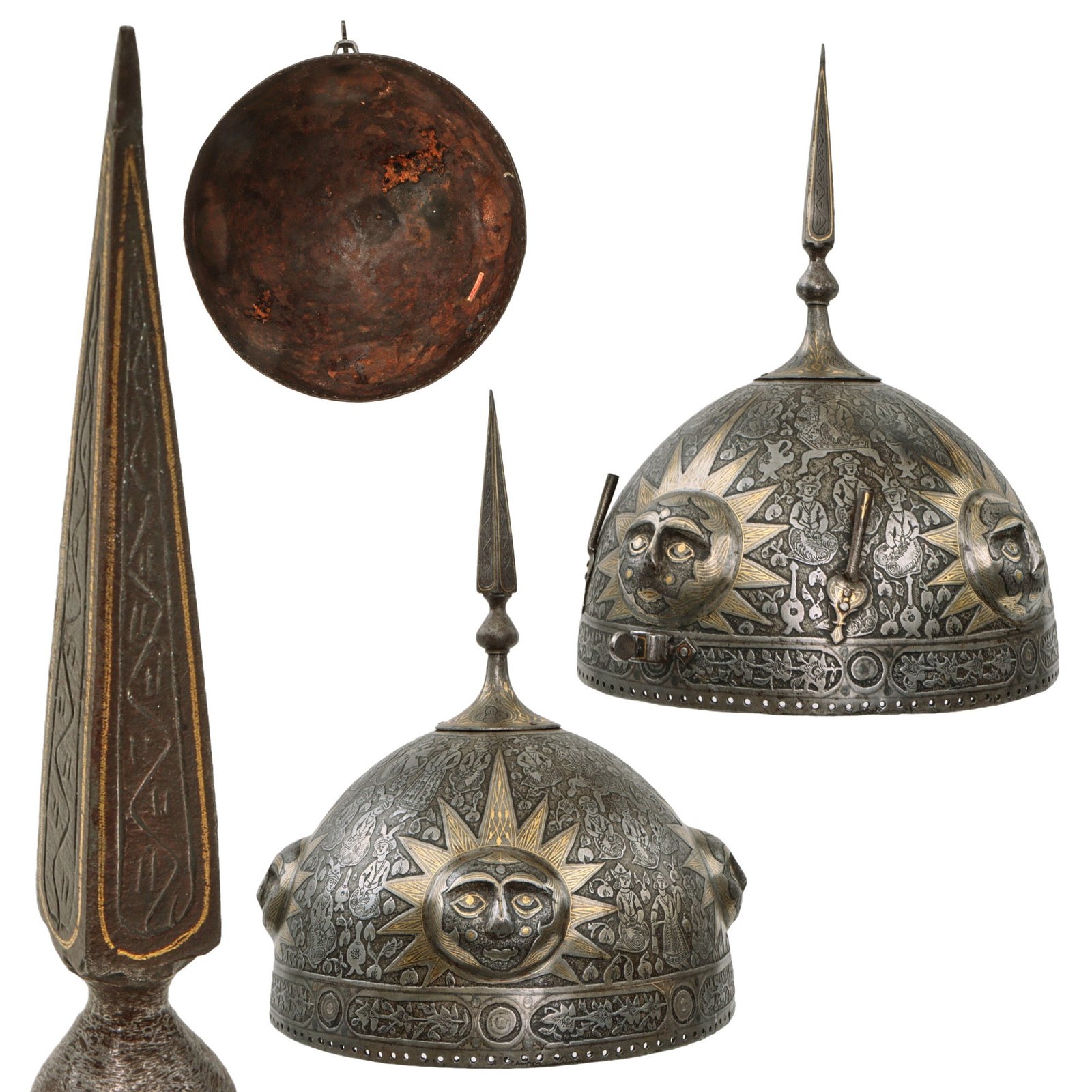 Original Magnificent North Indian Gold Inlaid Kulah Khud Spiked Sun Face War Helmet with Museum Catalog Tag - Circa 1800