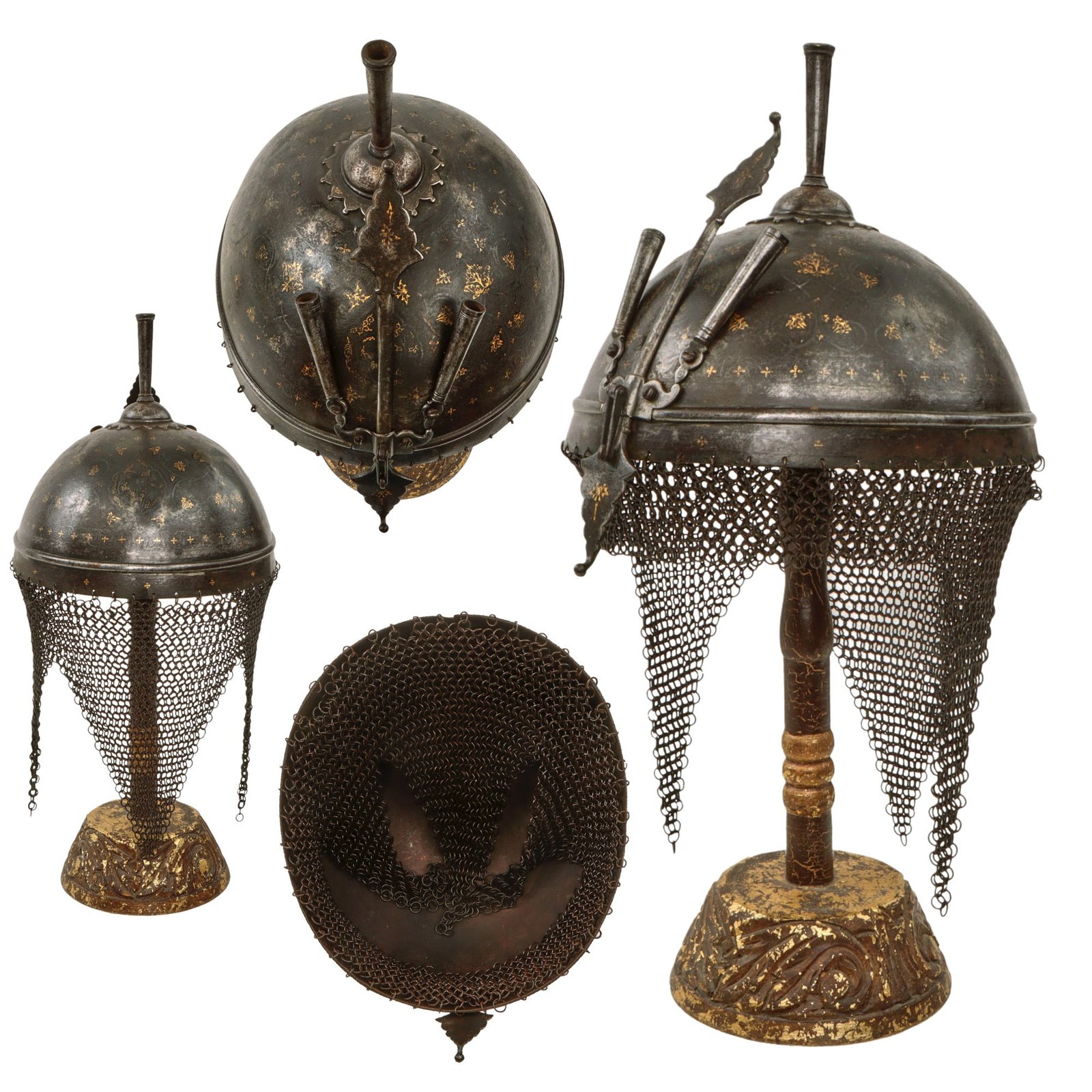 Original Magnificent Gold Inlaid & Etched Kulah Khud War Helmet with Chainmail Neck Covering and Lovely Carved Wooden Stand - Late 18th Century
