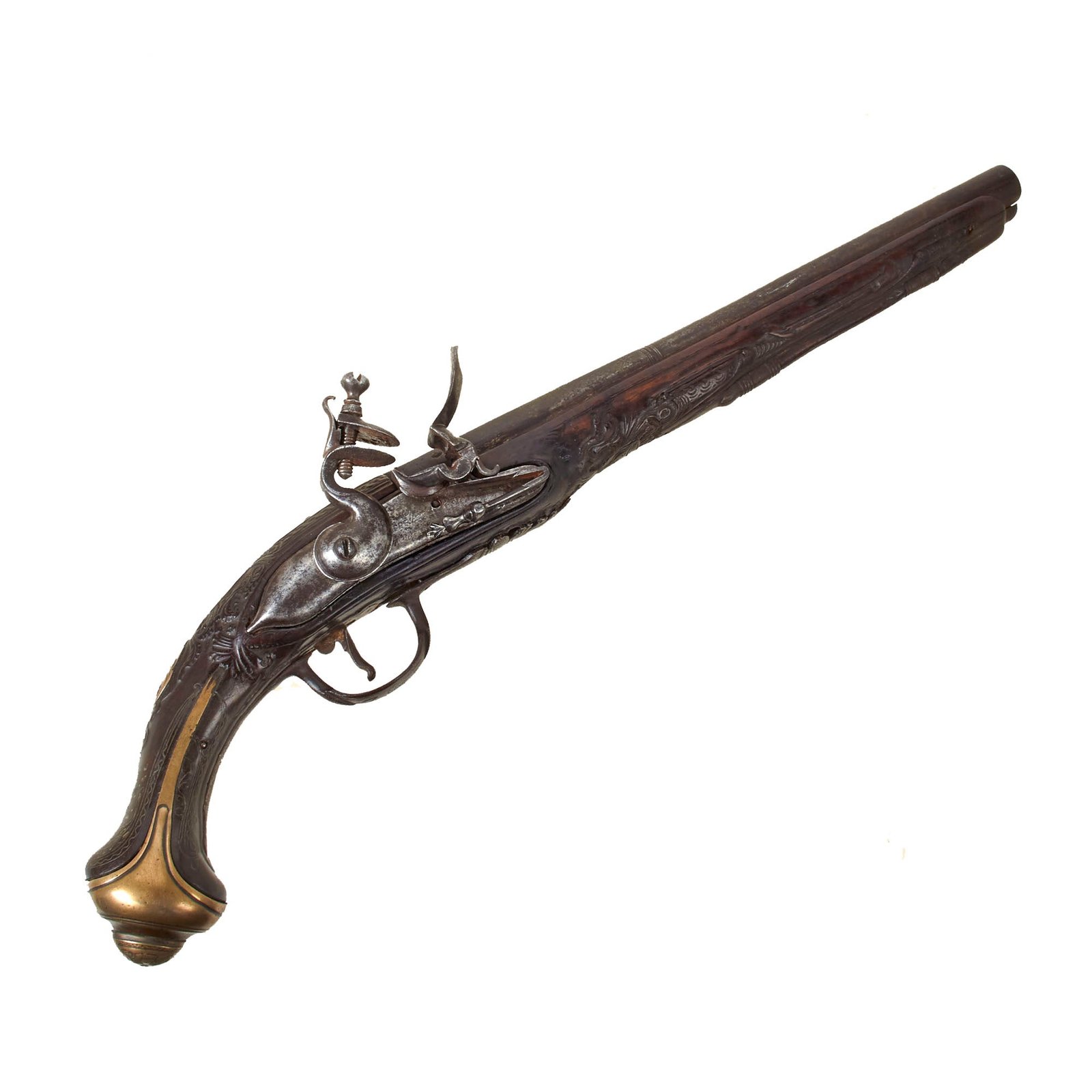 Original Early 19th Century Ottoman Flintlock Holster Pistol with Carved and Inlaid Stock - Circa 1790 - 1820