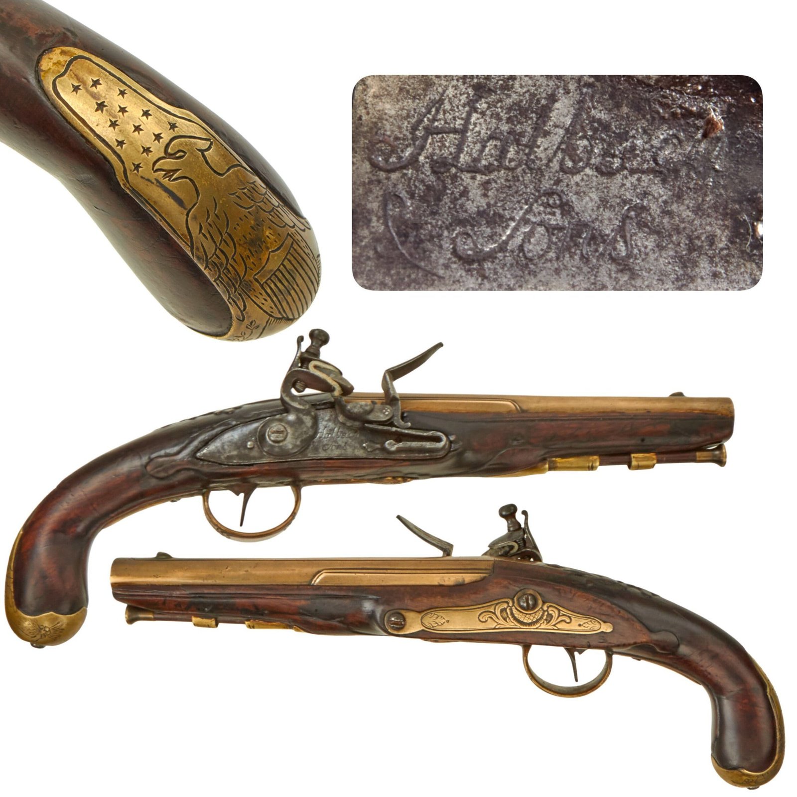 Original U.S. Colonial Brass Barrel Flintlock Pistol by Halbach & Sons with American Eagle Butt Cap - Circa 1780